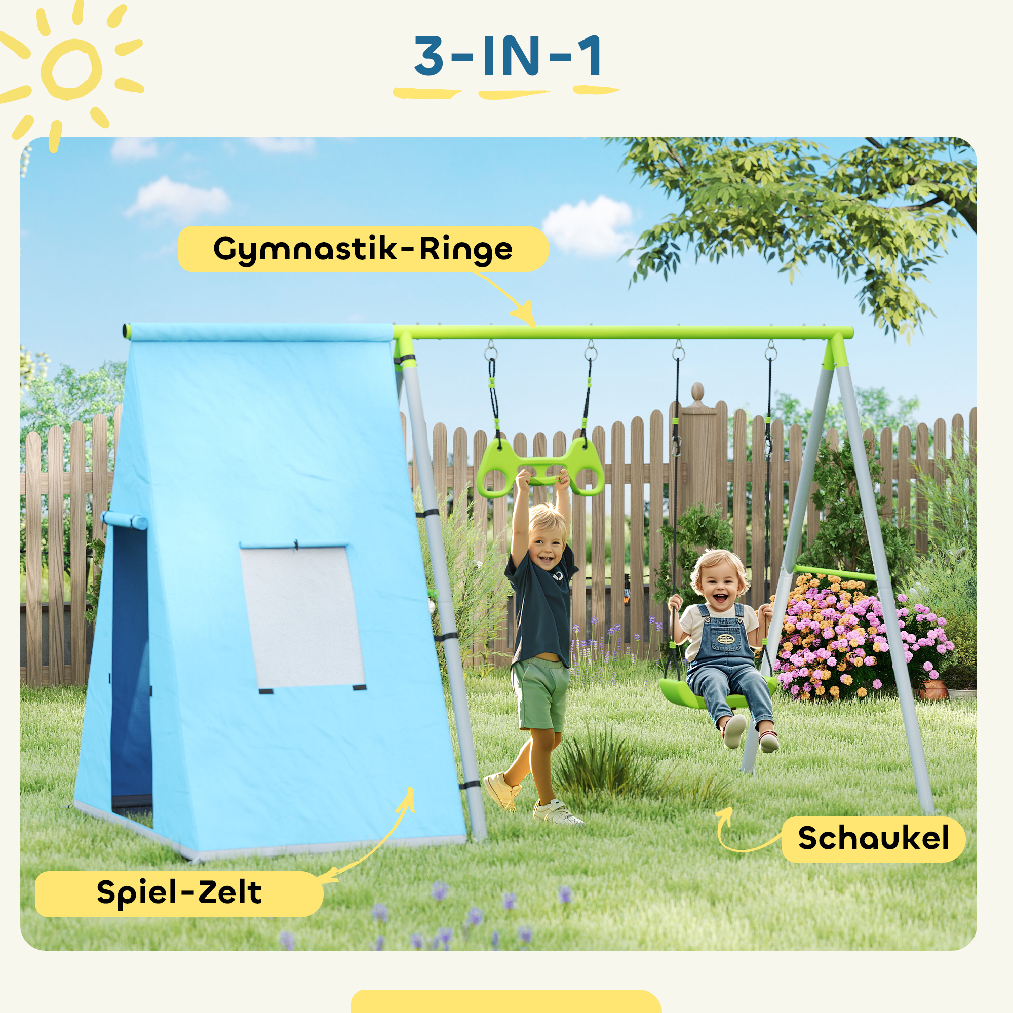 3-in-1 Schaukelset, Spielzelt, Schaukel, Turnringe, Metall, Kunststoff, Grün