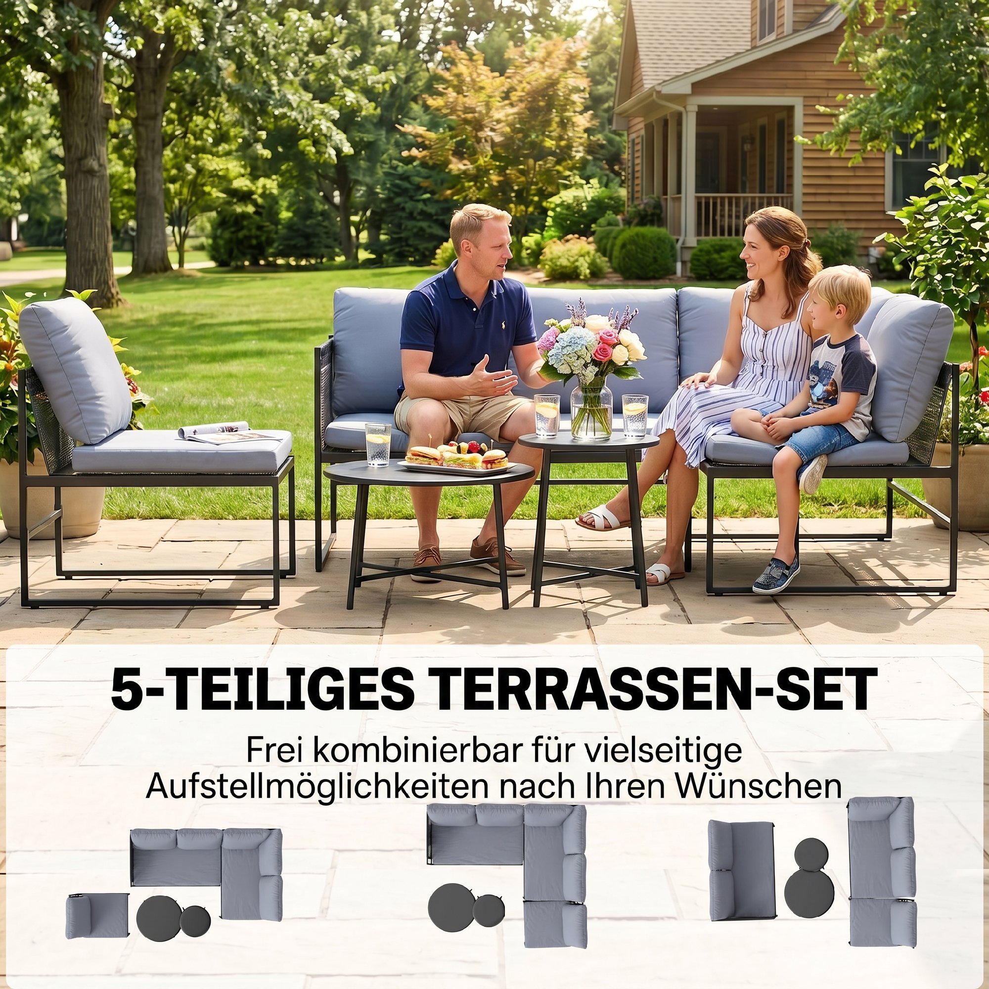 Lounge Gartenmöbel Set 4-5 Personen Gartenlounge Set mit 2 Sitzer Gartensofa Couchtisch Stuhl dick waschbar Kissen