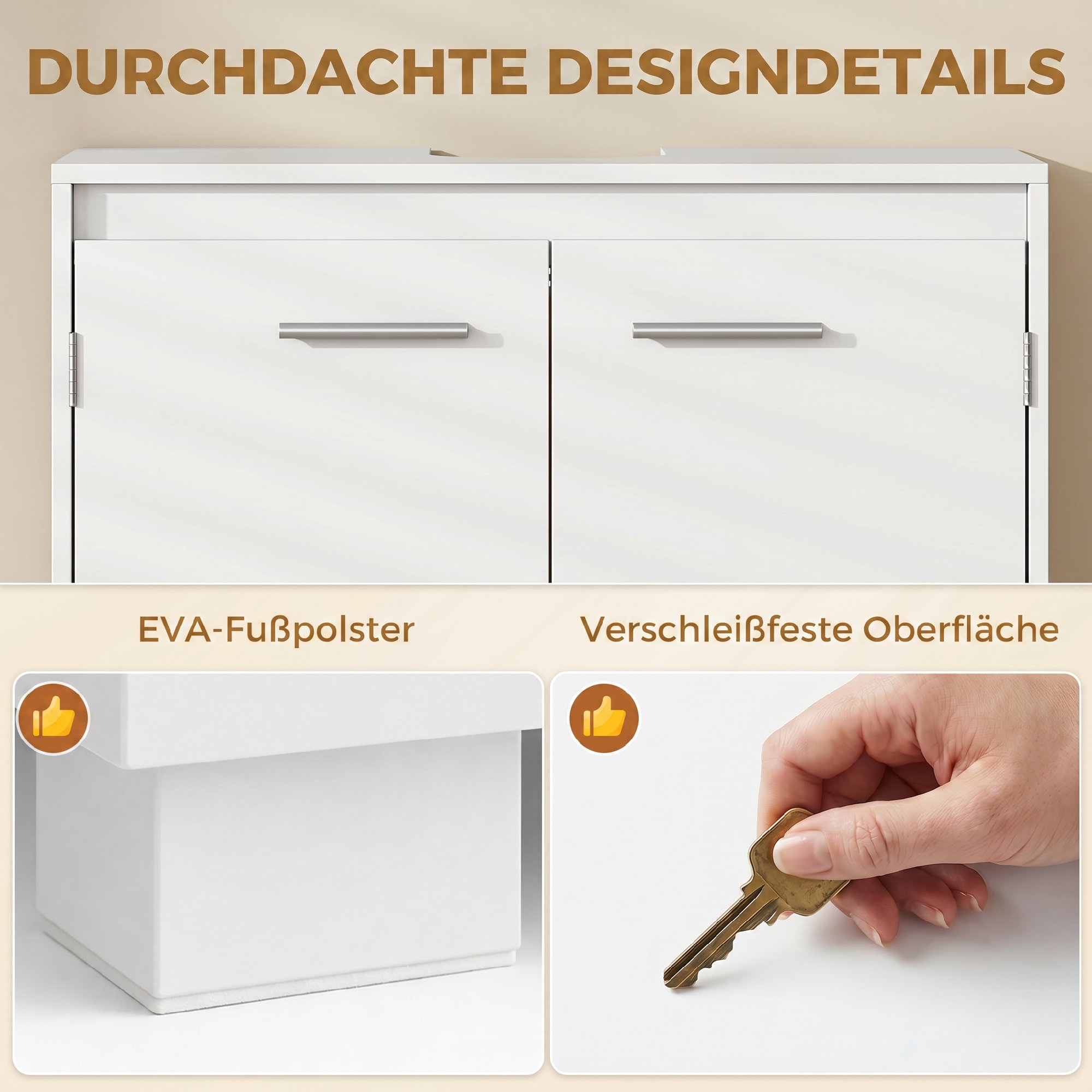 Waschbeckenunterschrank, Modernes freistehendes Badmöbel mit U-förmiger Aussparung, verstellbarem Regal, Weiß