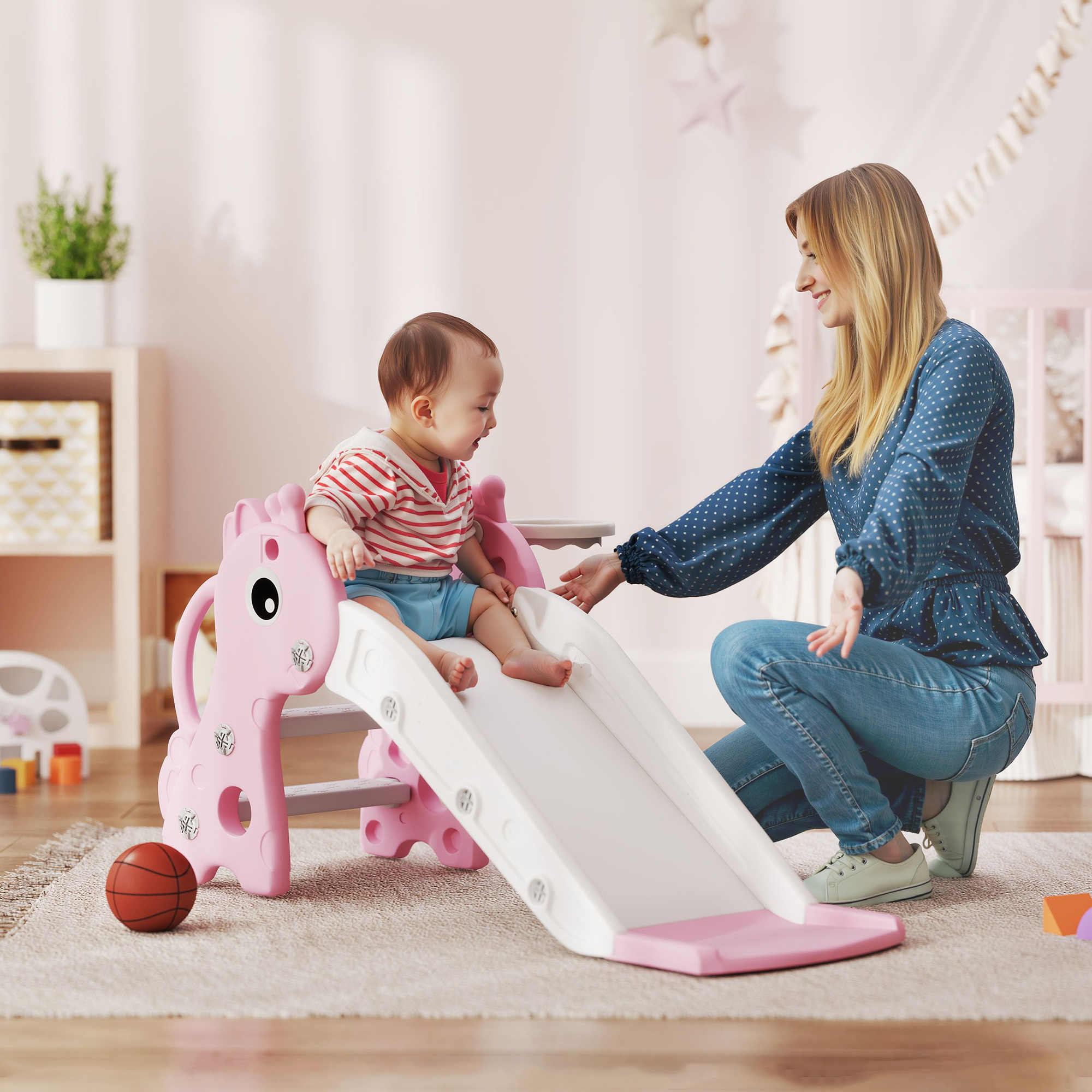3-in-1 Rutsche für Kinder, Giraffenform, Basketballkorb, Ball, Rosa