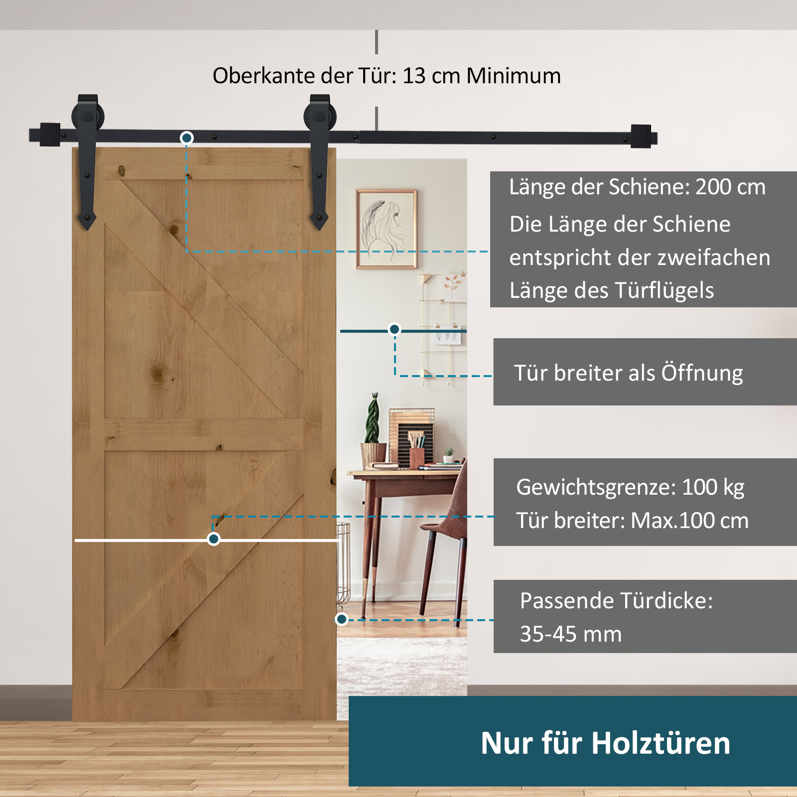 Schiebetür-Kit, rustikales Design, Kohlenstoffstahl, trägt bis zu 100 kg pro Paneel