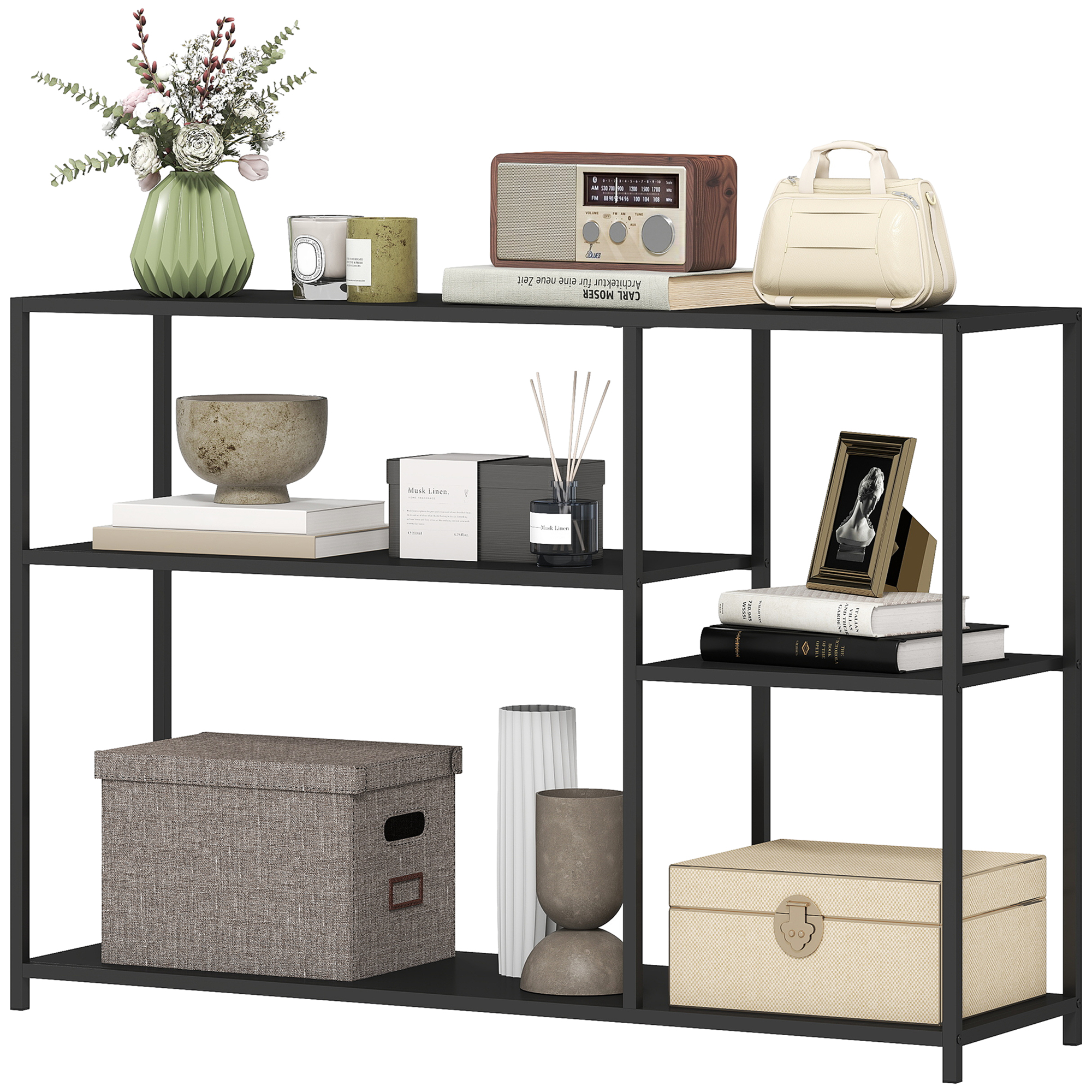 Konsolentisch, 4 Ebenen, Stahlrahmen, für Flur, Wohnzimmer, Schwarz Konsolentisch, 4 Ebenen, Stahlrahmen, für Flur, Wohnzimmer, Schwarz