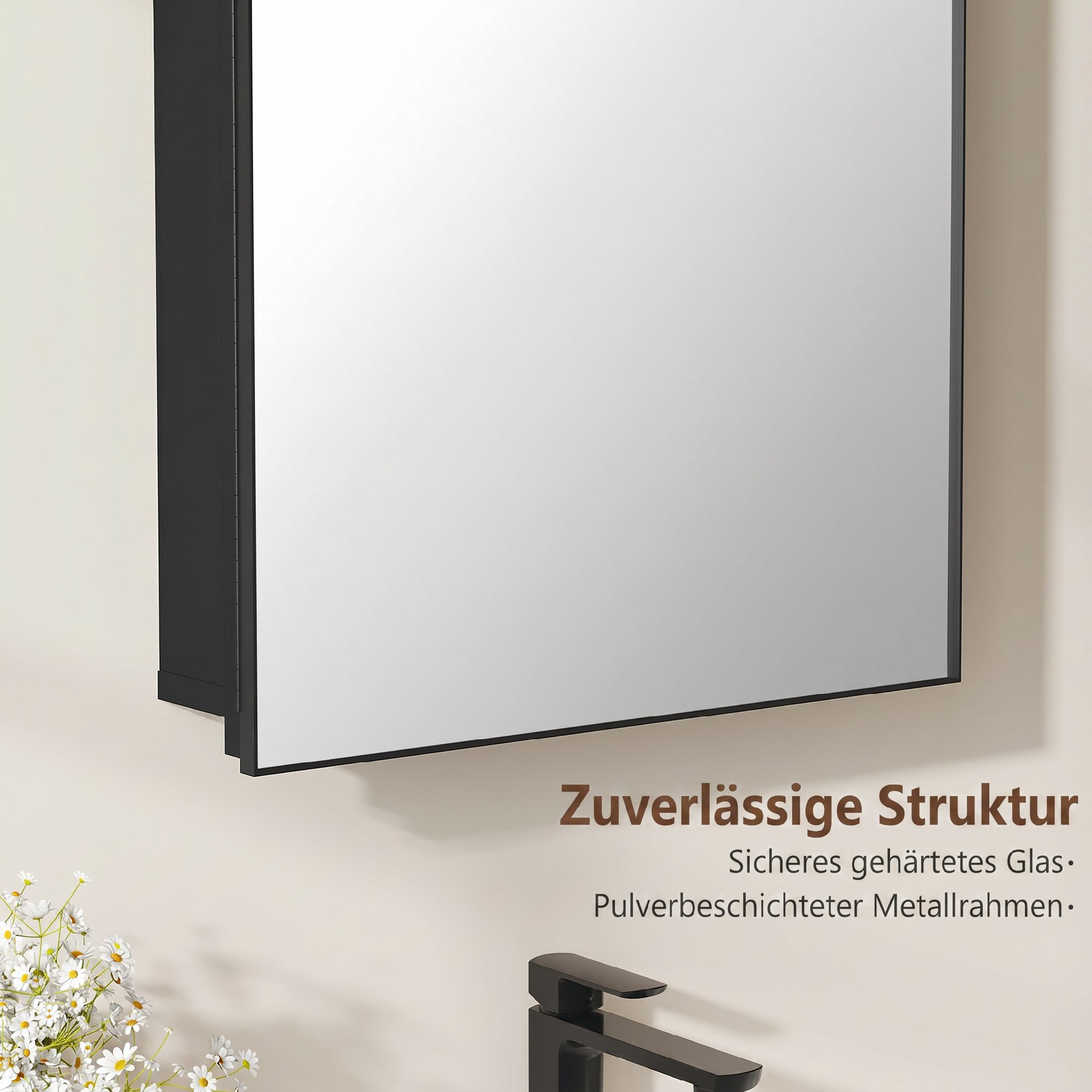 Spiegelschrank Bad Gewölbter Badezimmerschrank mit 180° Tür, 3 Regalen, aus Metall Schwarz 50 x 12 x 76 cm