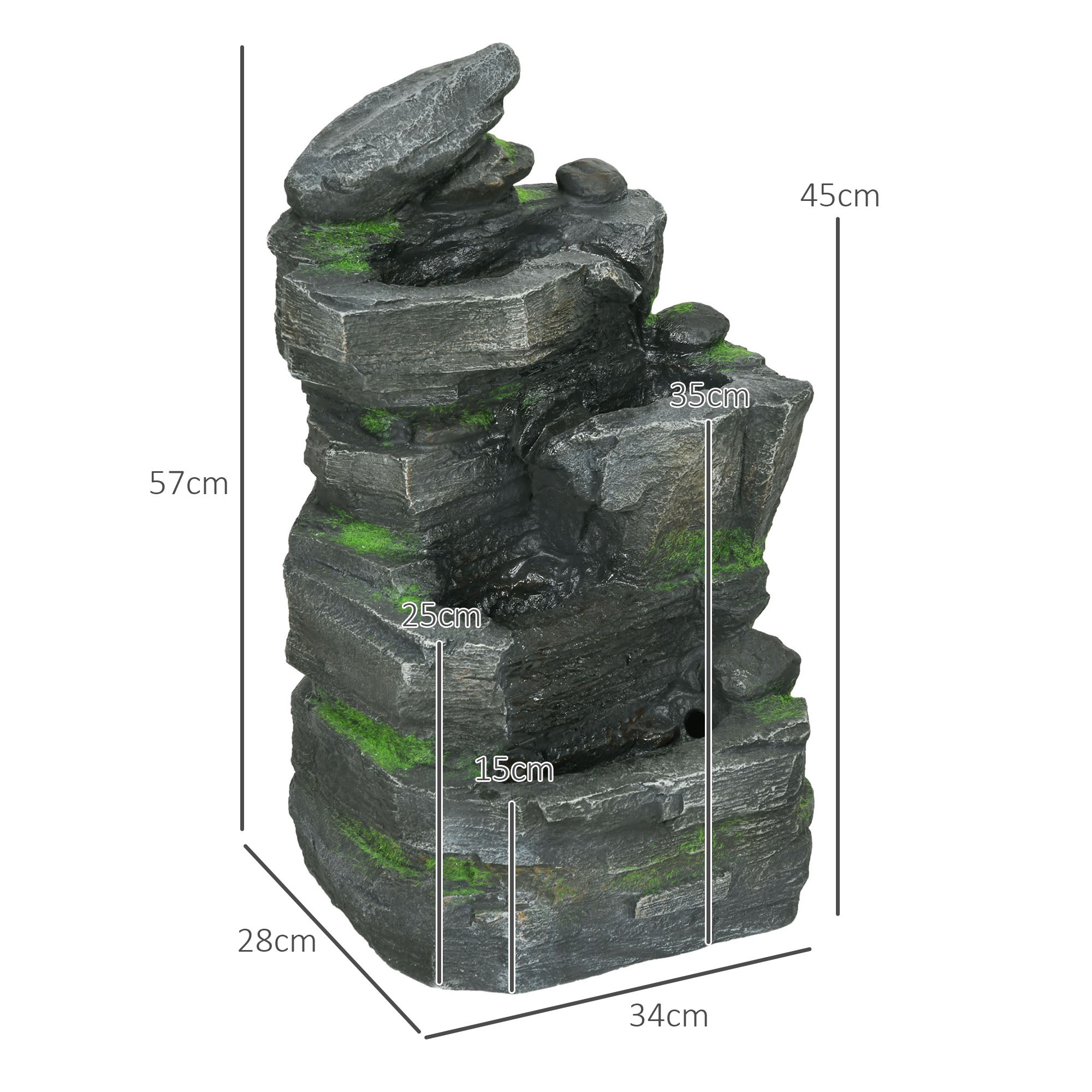 Gartenbrunnen, Steinoptik, 4-stufig, Solarbetrieb, LEDs, 57cm Höhe, Kunstharz, Grau/Braun