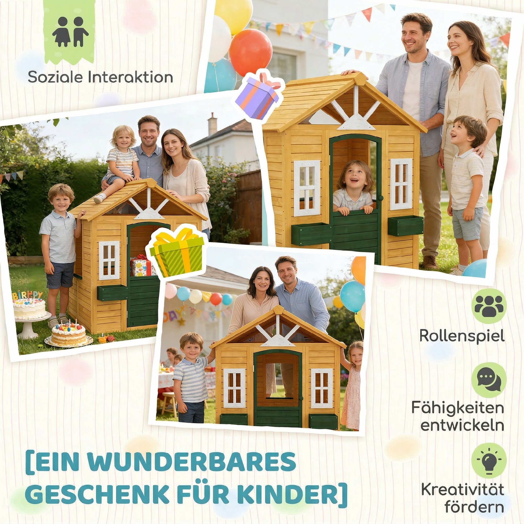Kinderspielhaus Holz Spielhaus Outdoor mit Tür 3 Fenster 2 Blumenkästen für 3-8 Jahre Kinder 134,5 x 97 x 150 cm Braun