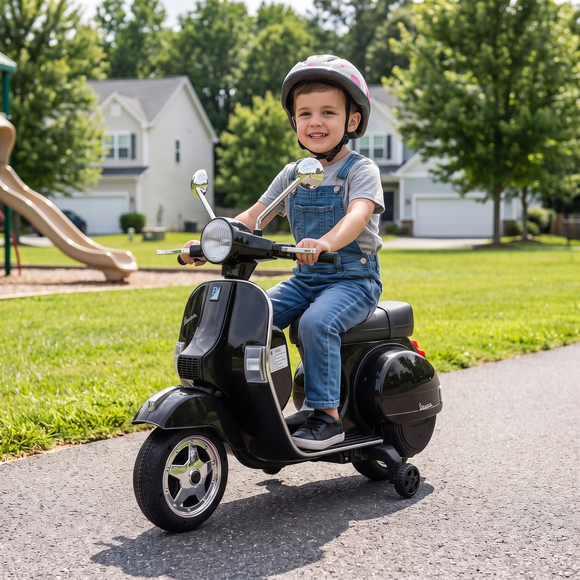 Elektro Motorrad Kinder Vespa PX150 12V Elektromotorrad mit Lithium Akku 35W 2 Motoren 25° Lenkbegrenzung für 3-6 Jahre