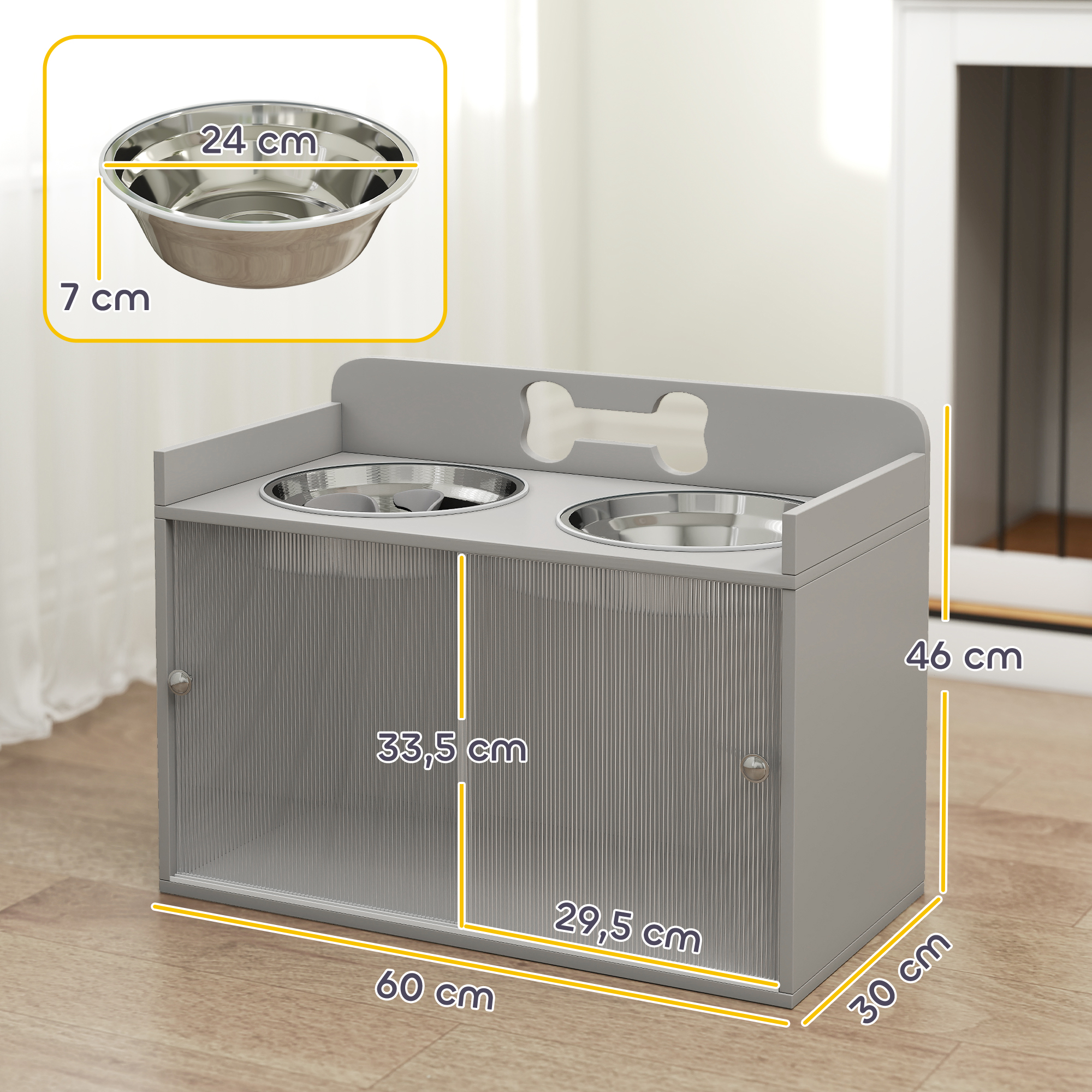erhöhte Futterstation mit 2 Näpfen und Schrank, MDF, Edelstahl, Knochenmuster, Grau
