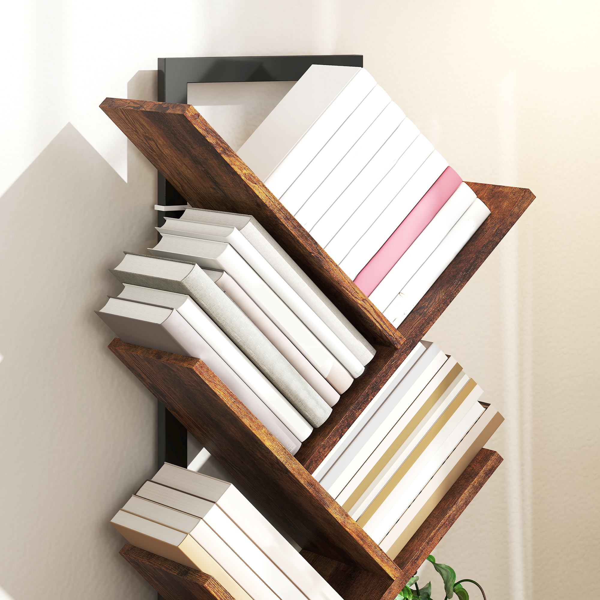 Bücherregal Standregal mit 7 Ebenen Schmal Regal im Baumform für Büro, Rustikal Braun