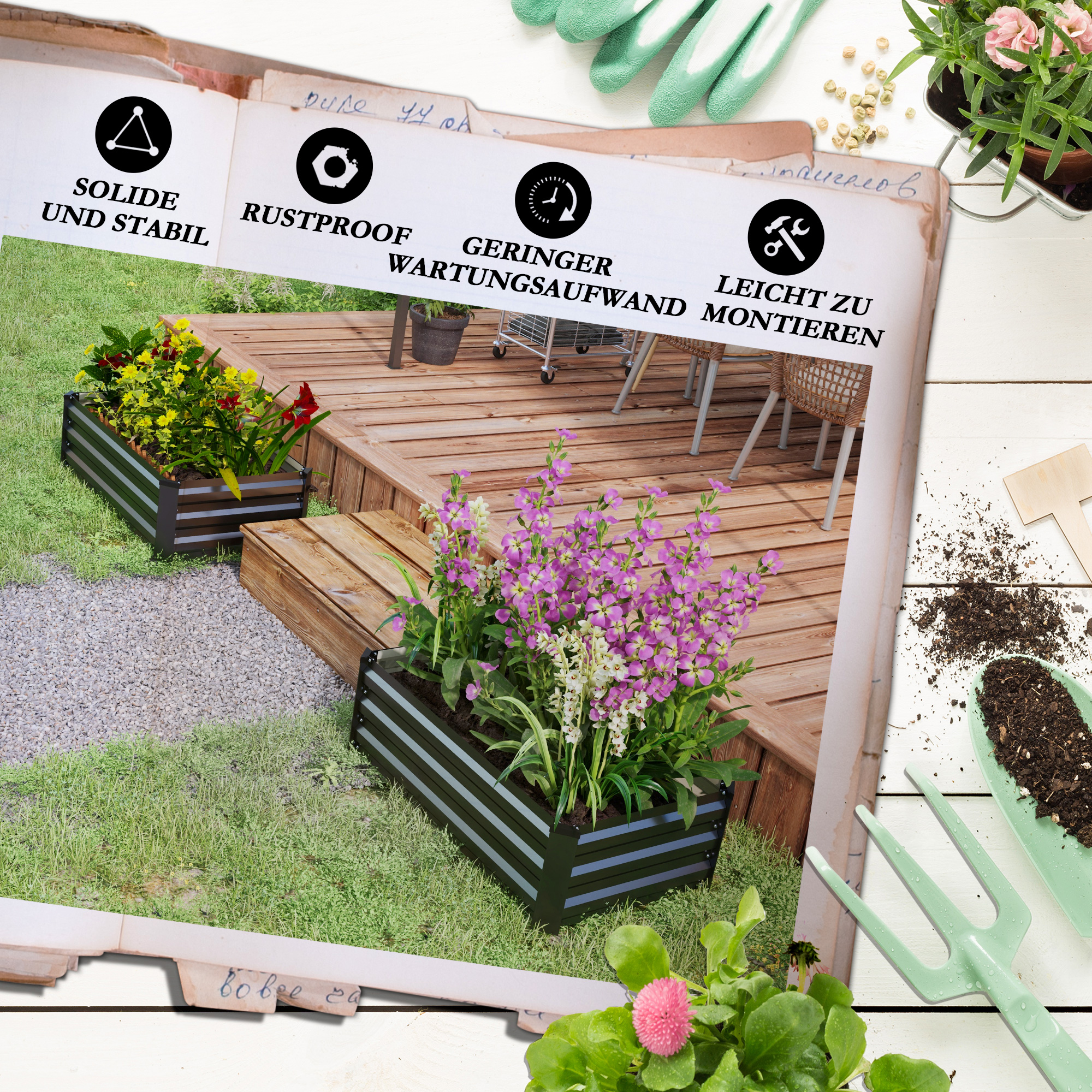 Hochbeet Gartenbeet Kräuterbeet, wetterbeständig, offener Boden, 100 x 60 x 30 cm, Dunkelgrau