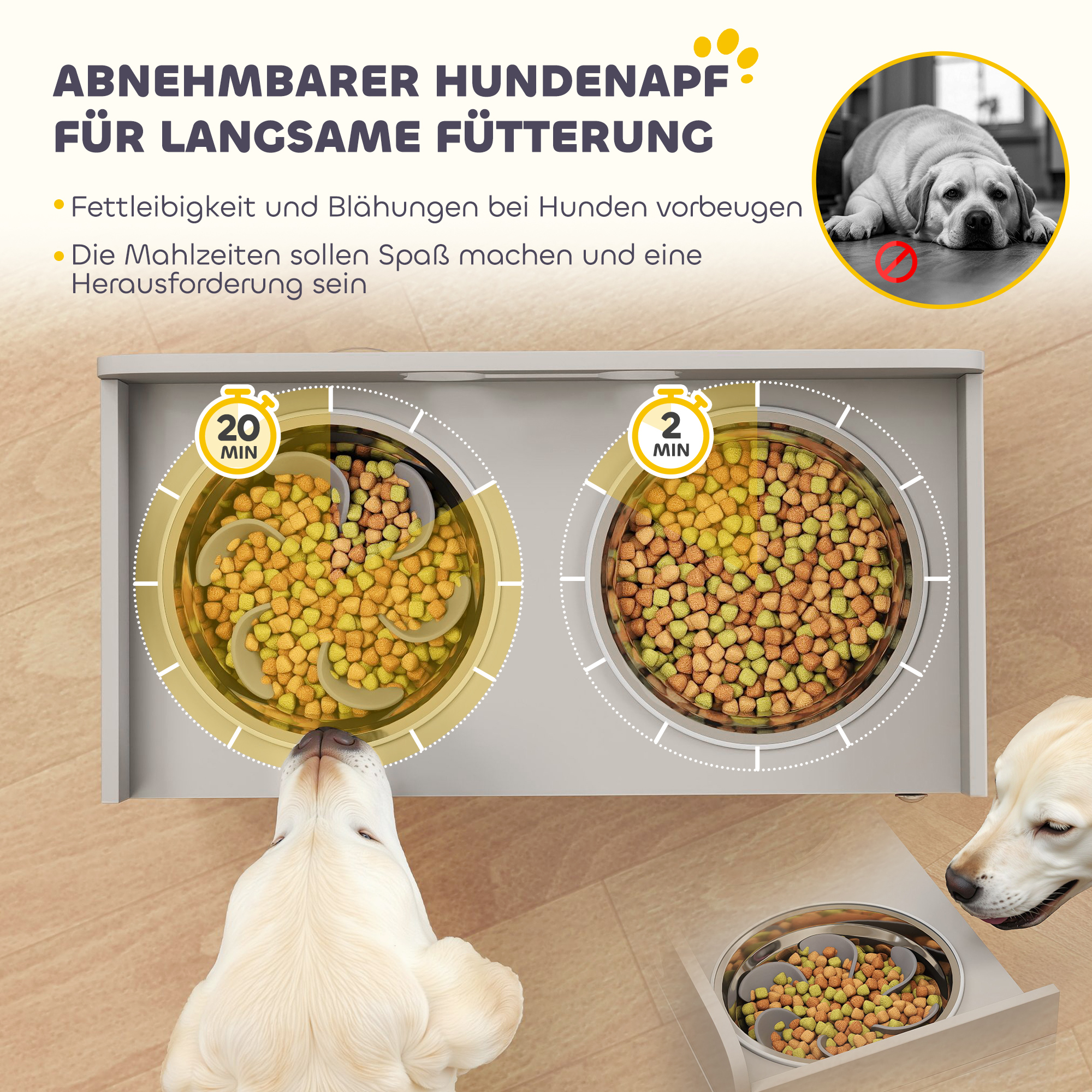 erhöhte Futterstation mit 2 Näpfen und Schrank, MDF, Edelstahl, Knochenmuster, Grau
