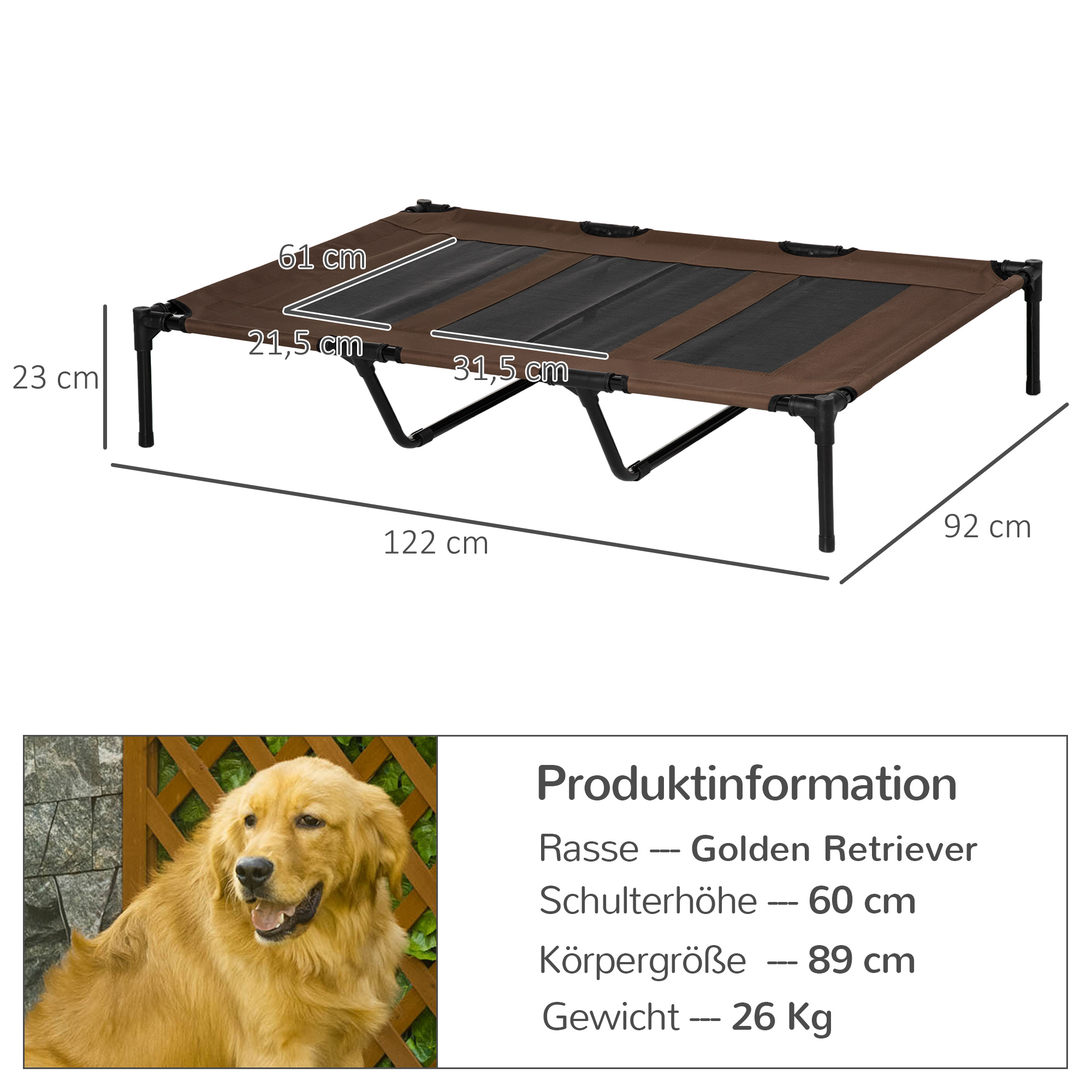 Hundebett, faltbar, Outdoor-Hundebett, erhöhter Stand, 122 cm x 92 cm x 23 cm,  Kaffee-Braun + Schwarz