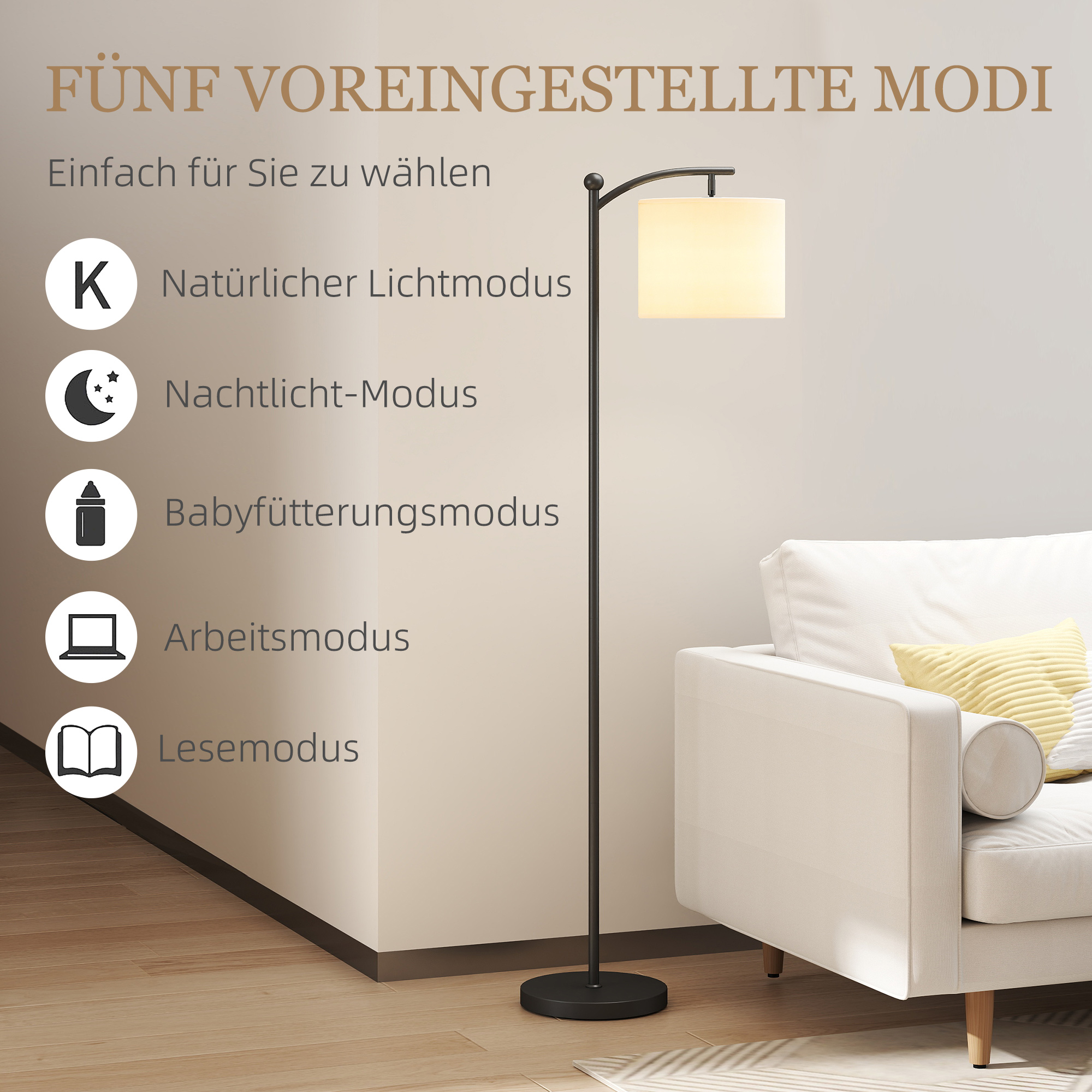Stehlampe, verstellbare Lichtoptionen, Fußschalter, Fernbedienung, Metall, Schwarz