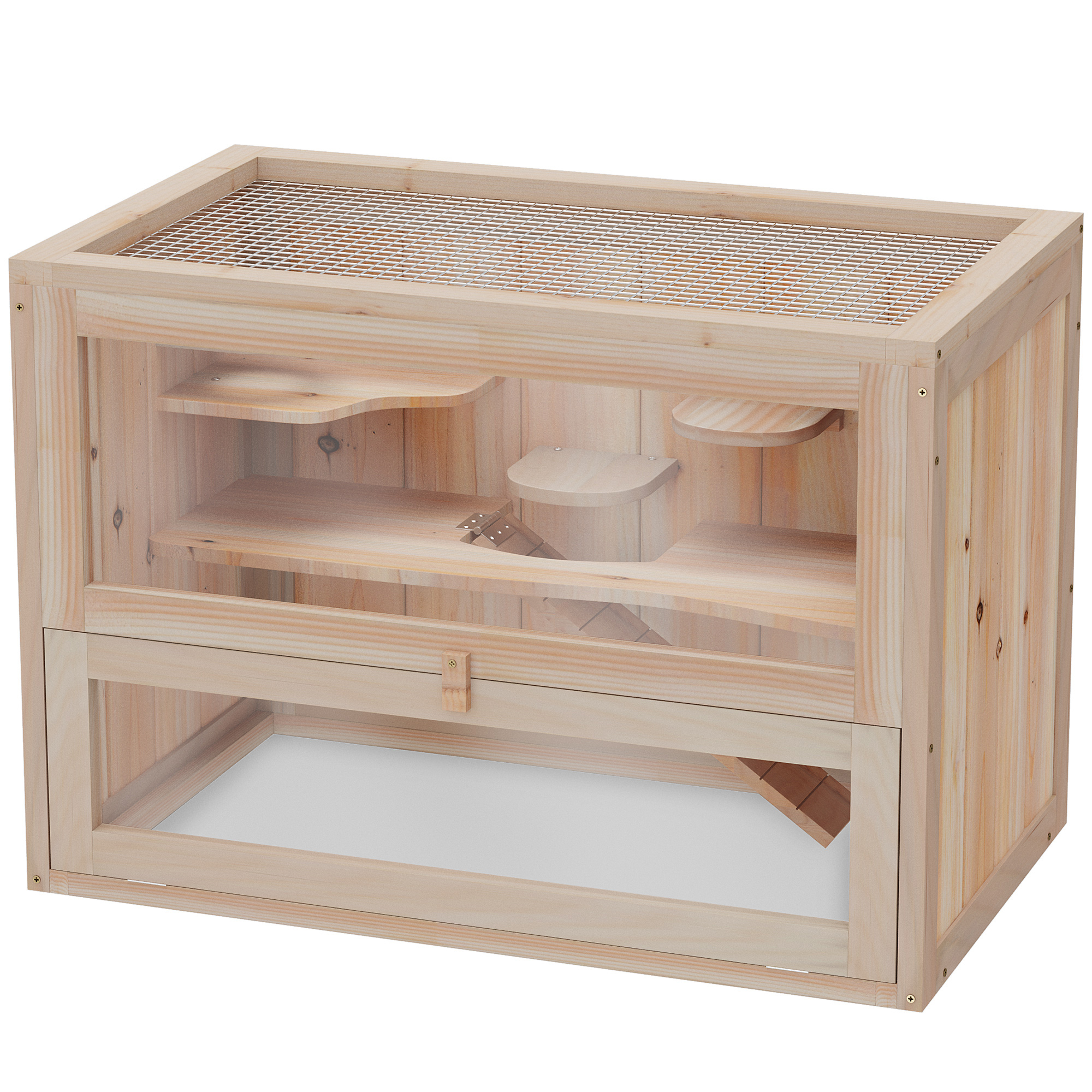 Hamsterkäfig aus Holz 2 Etagen 60 x 35 x 42 cm Nagerkäfig Kleintierkäfig mit aufklappbarem Gitterdach Trinkflasche Rampe Wippe Fütterungsstation Mäusekäfig für Zwerghamster Naturholz