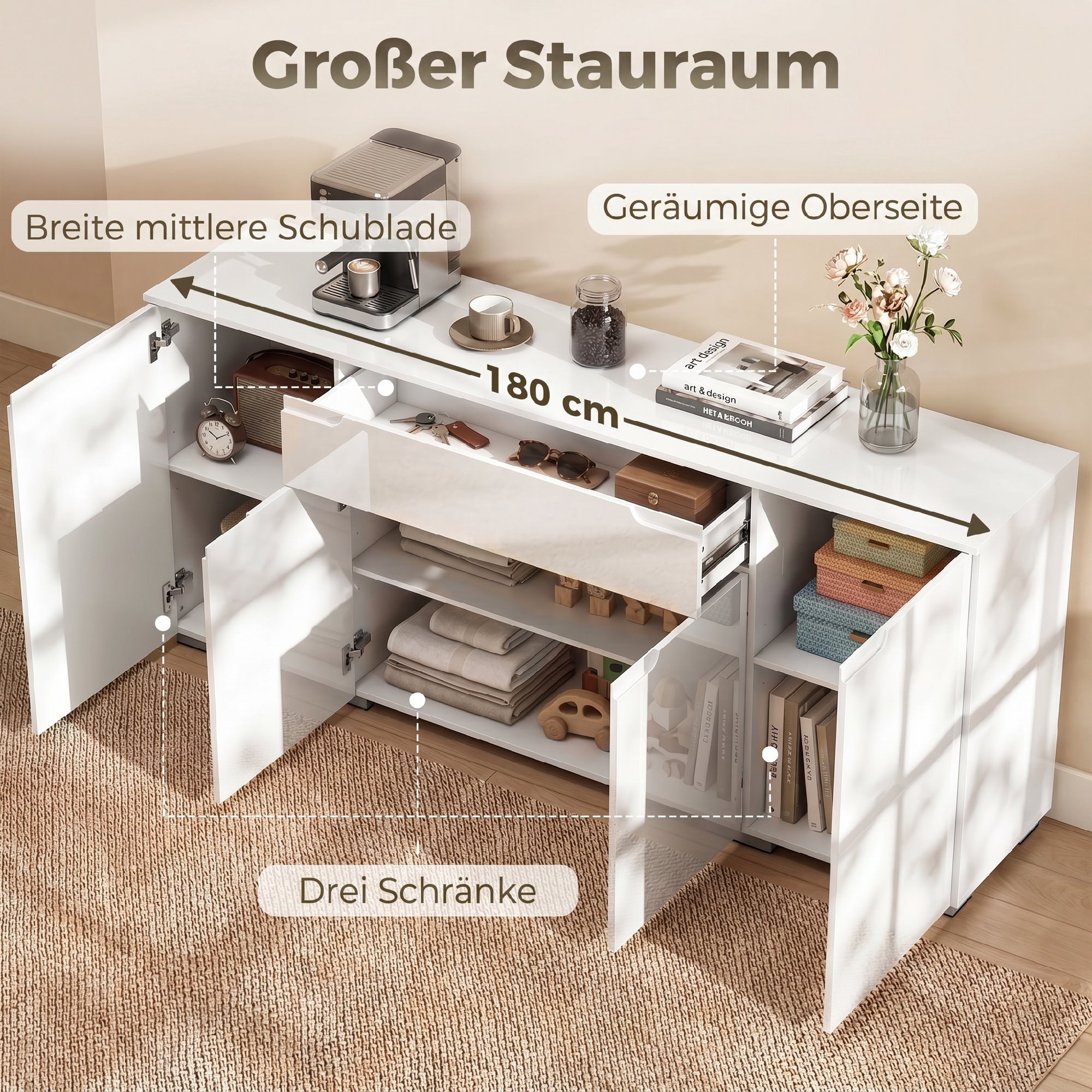 Hochglanz-Sideboard, moderne Kommode mit 4 Türen und verstellbaren Einlegeböden, Soft-Close-Funktion, Weiß