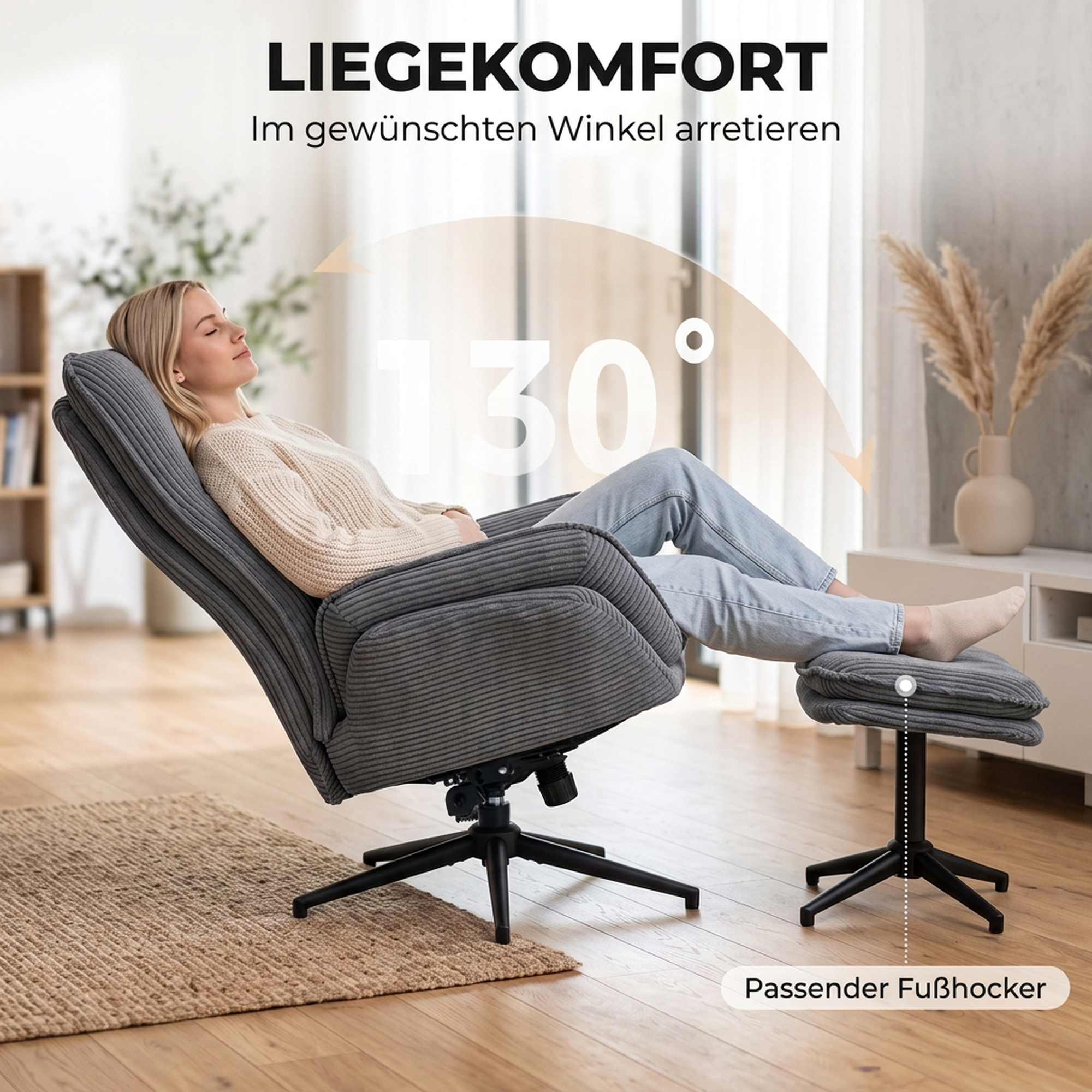 Relaxsessel mit 130° Liegefunktion, Fernsehsessel mit Hocker und Stahlrahmen, Grau