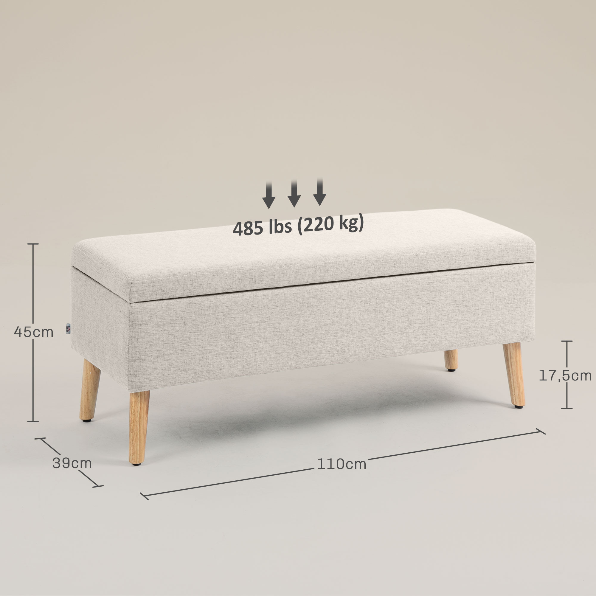 Sitzbank mit Stauraum, bis 220 kg, Leinenoptik, 110x39x45cm, Beige