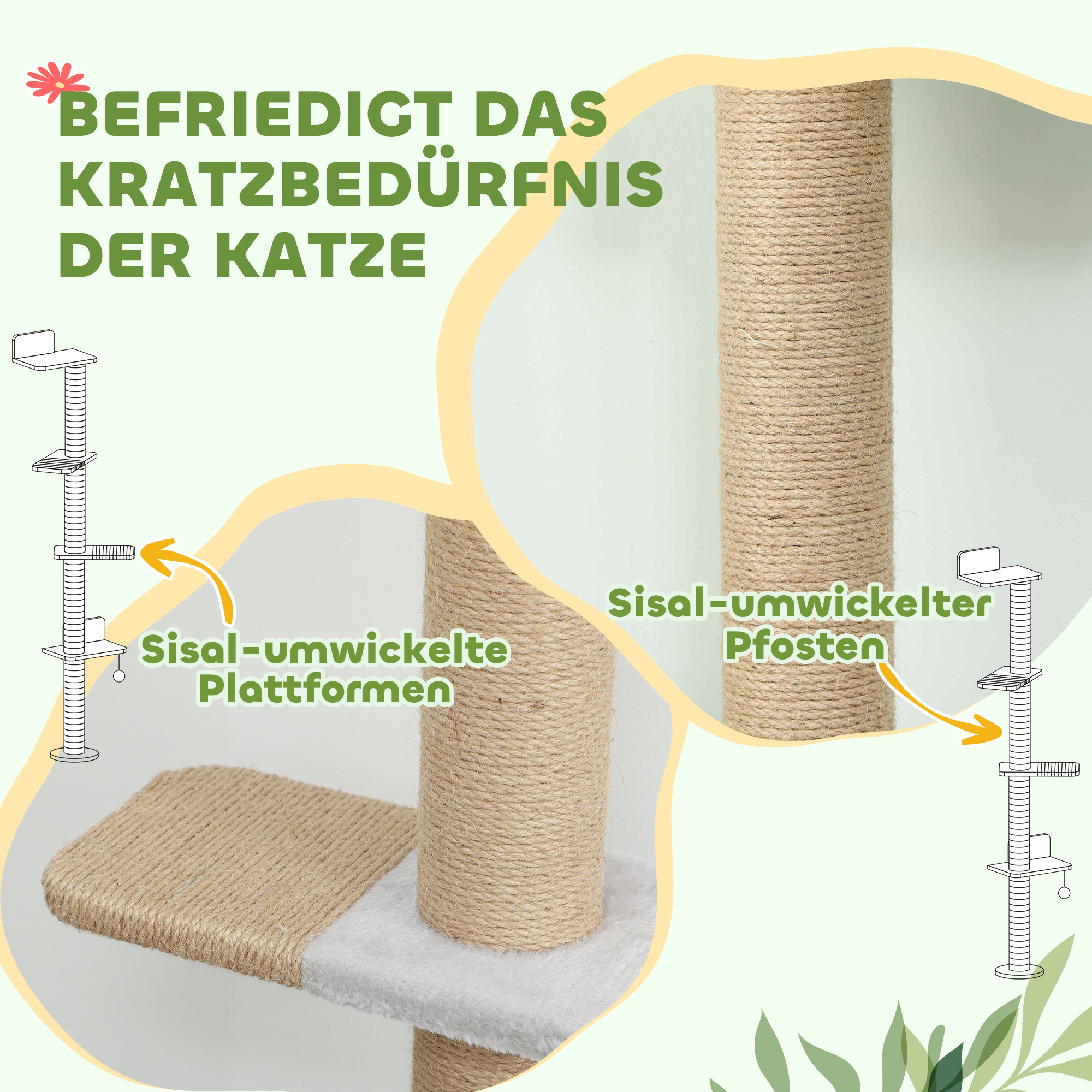 Katzenkratzbaum, 5-stufiges Design, Spielzeug, Sisalpfosten, Plüschstoff, Hellgrau