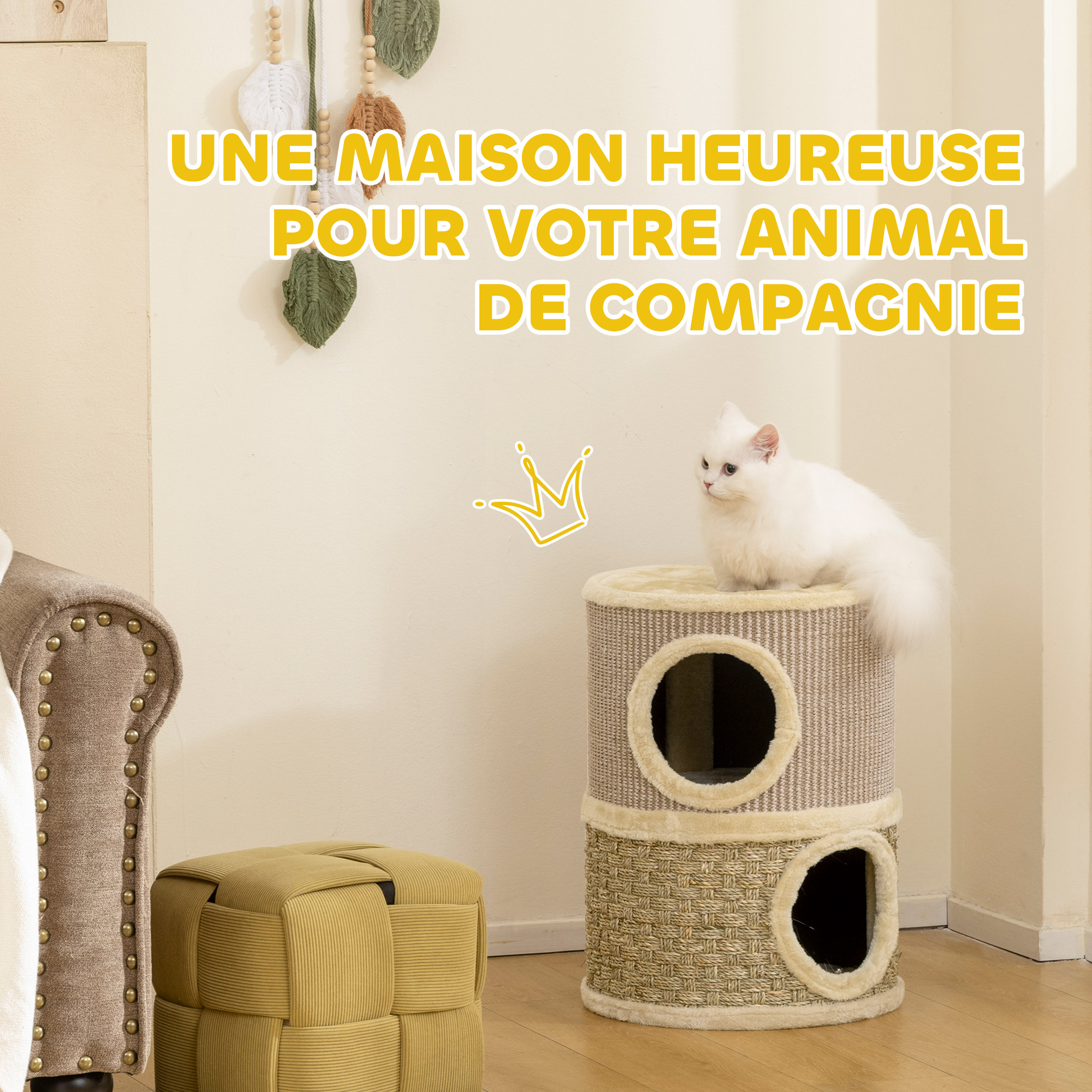 Kratztonne, 49 cm hoch, Ø35,5 cm zweistöckige Katzentonne mit Plüschrand Kratzmatte, 2 Höhle Khaki+Kaffee