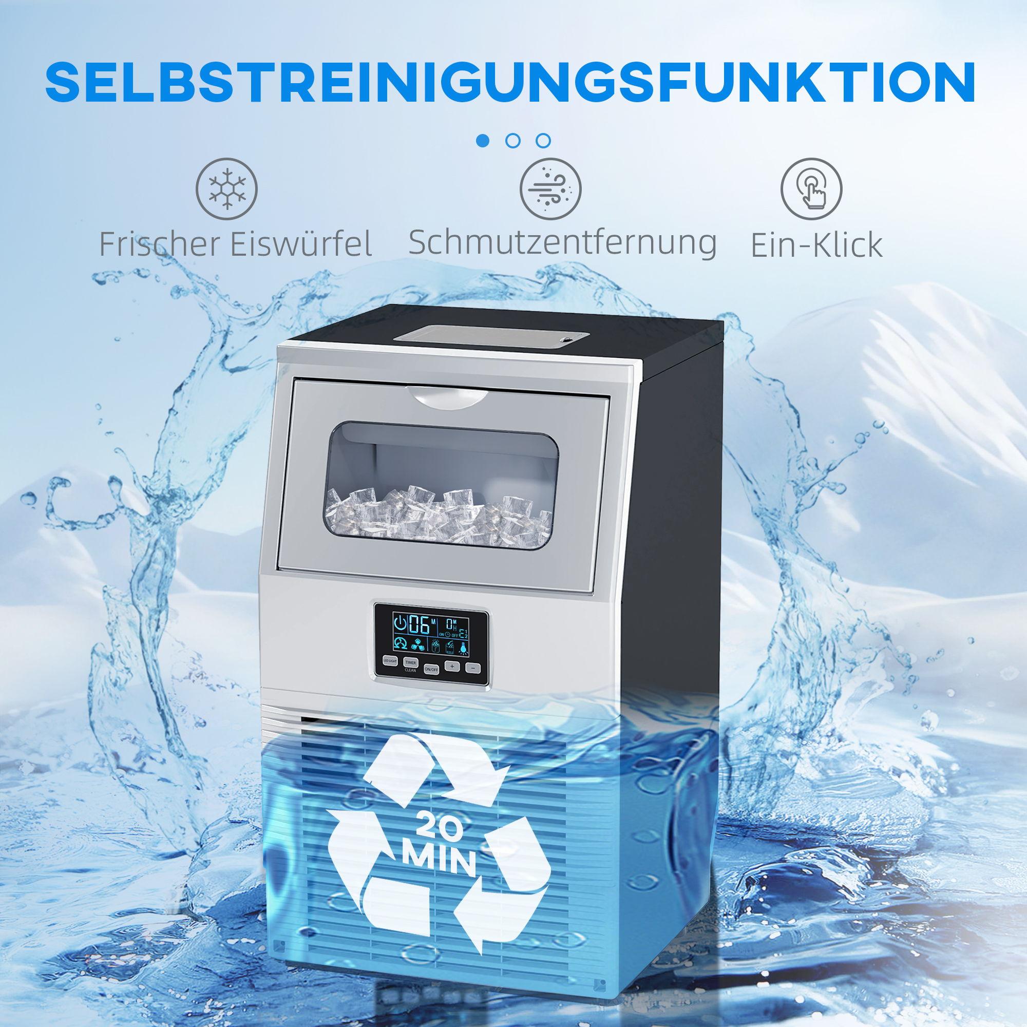 Eiswürfelmaschine, LED-Beleuchtung, leicht lesbare Anzeigen, mit Schaufel, Silber
