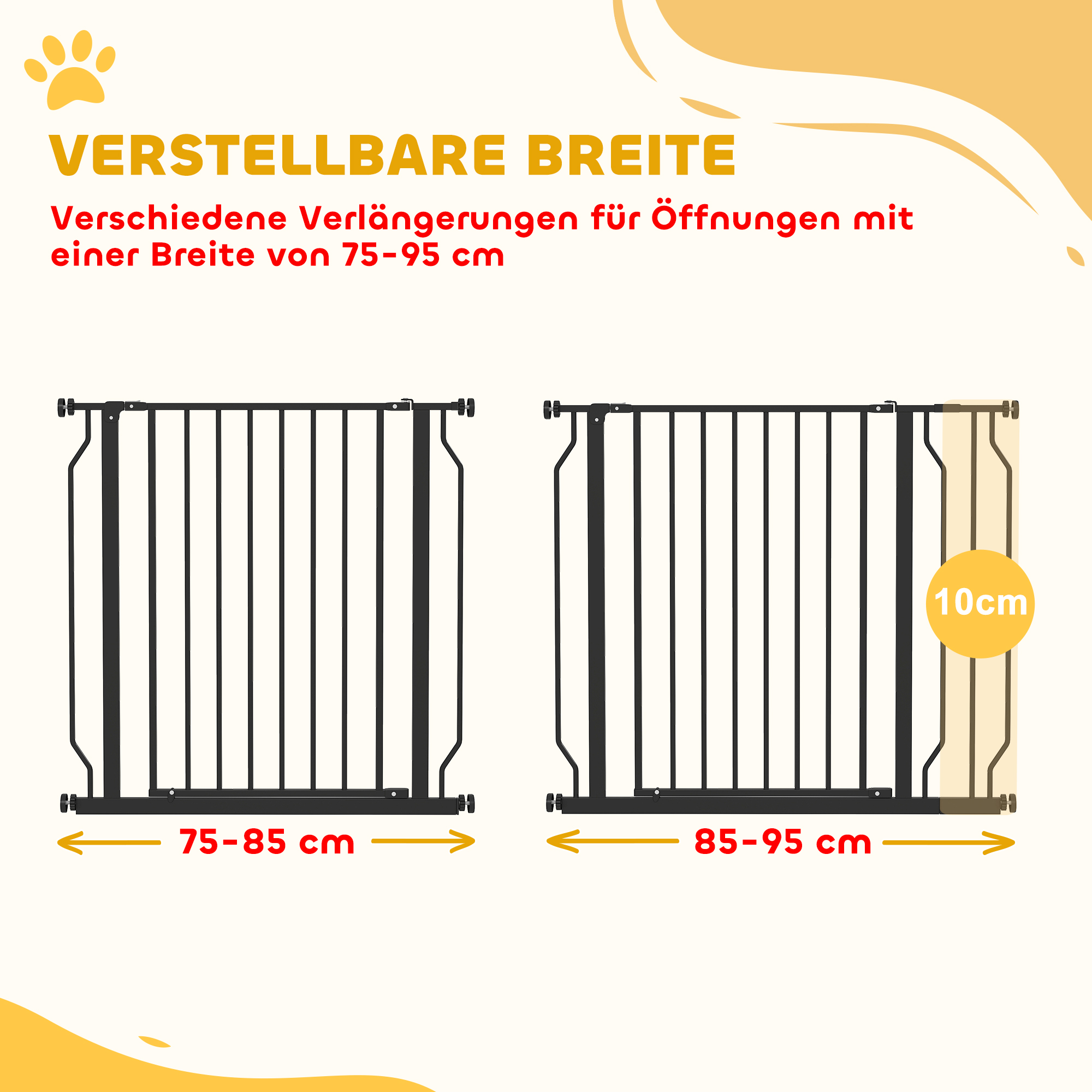 Hunde-Absperrgitter, Klemmmontage, verstellbare Länge, Stahl/ABS, 75-95 x 76cm, Schwarz