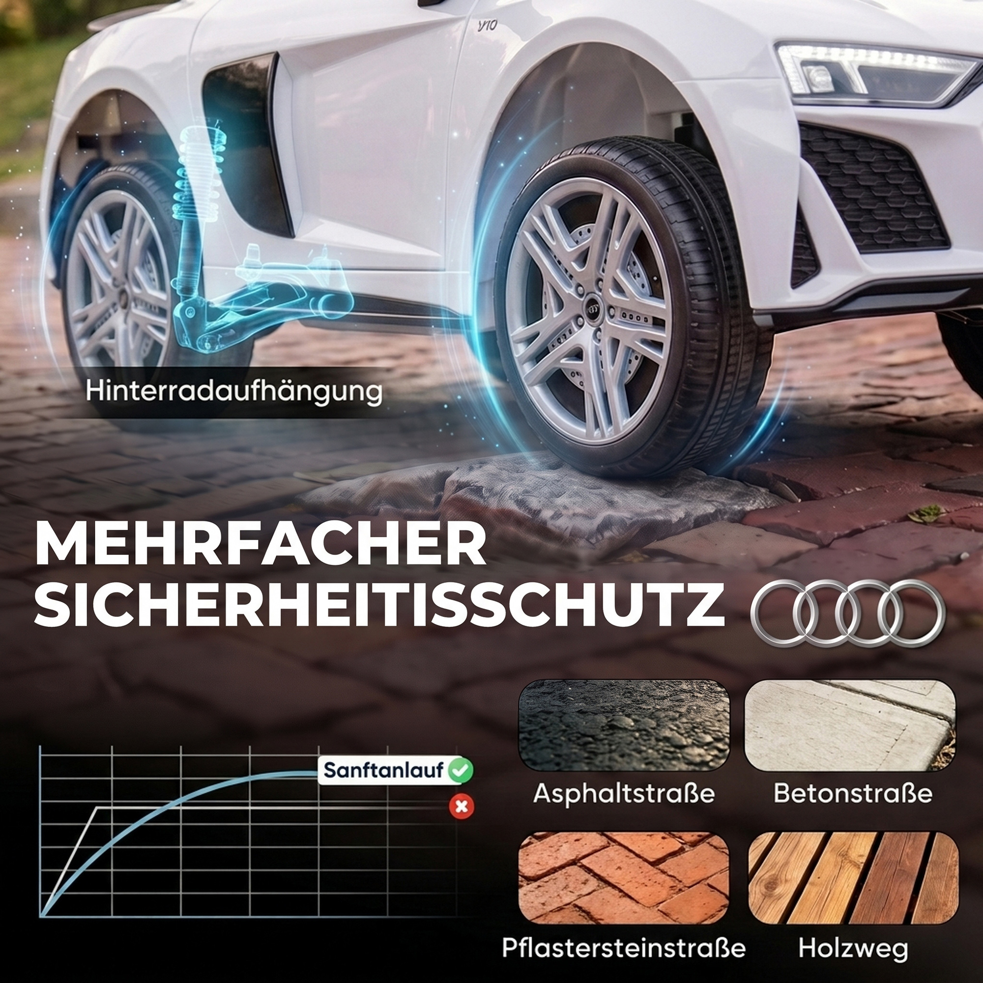 Kinder Elektroauto 12V Kinderauto mit Fernbedienung Lithium-Akku 2 Motor Sanftanlauf Hinterradfederung Weiß