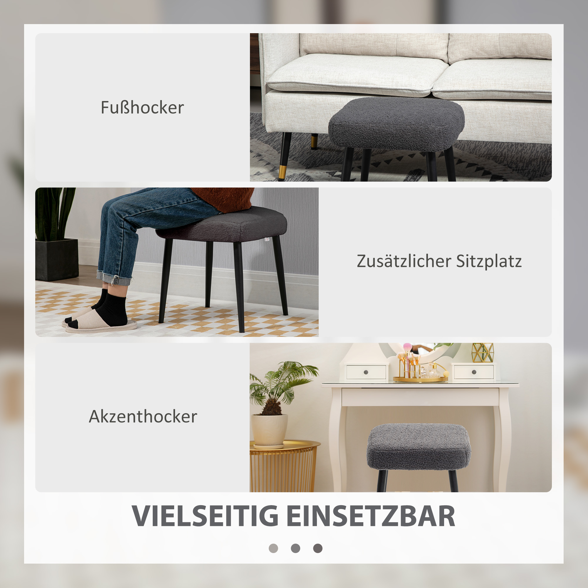 Hocker, Fußstütze, gepolsterter Sitz, Kaschmir-Optik, Stahlbeine, 42 x 42 x 44 cm, Dunkelgrau
