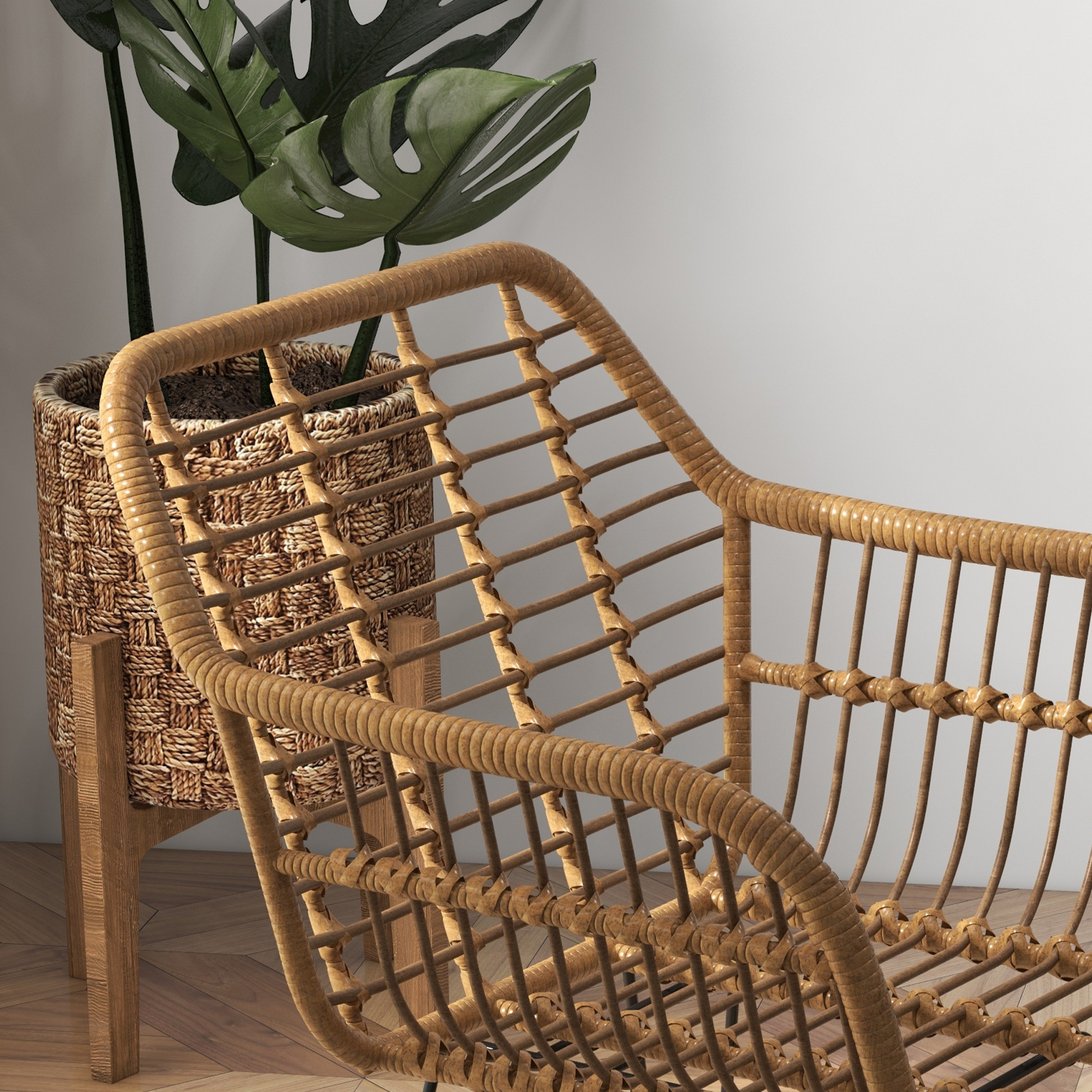 2-er-Set Stühle im Boho-Stil, Küchenstühle, PE-Rattan, 56 x 60 x 79 cm, Natur + Schwarz