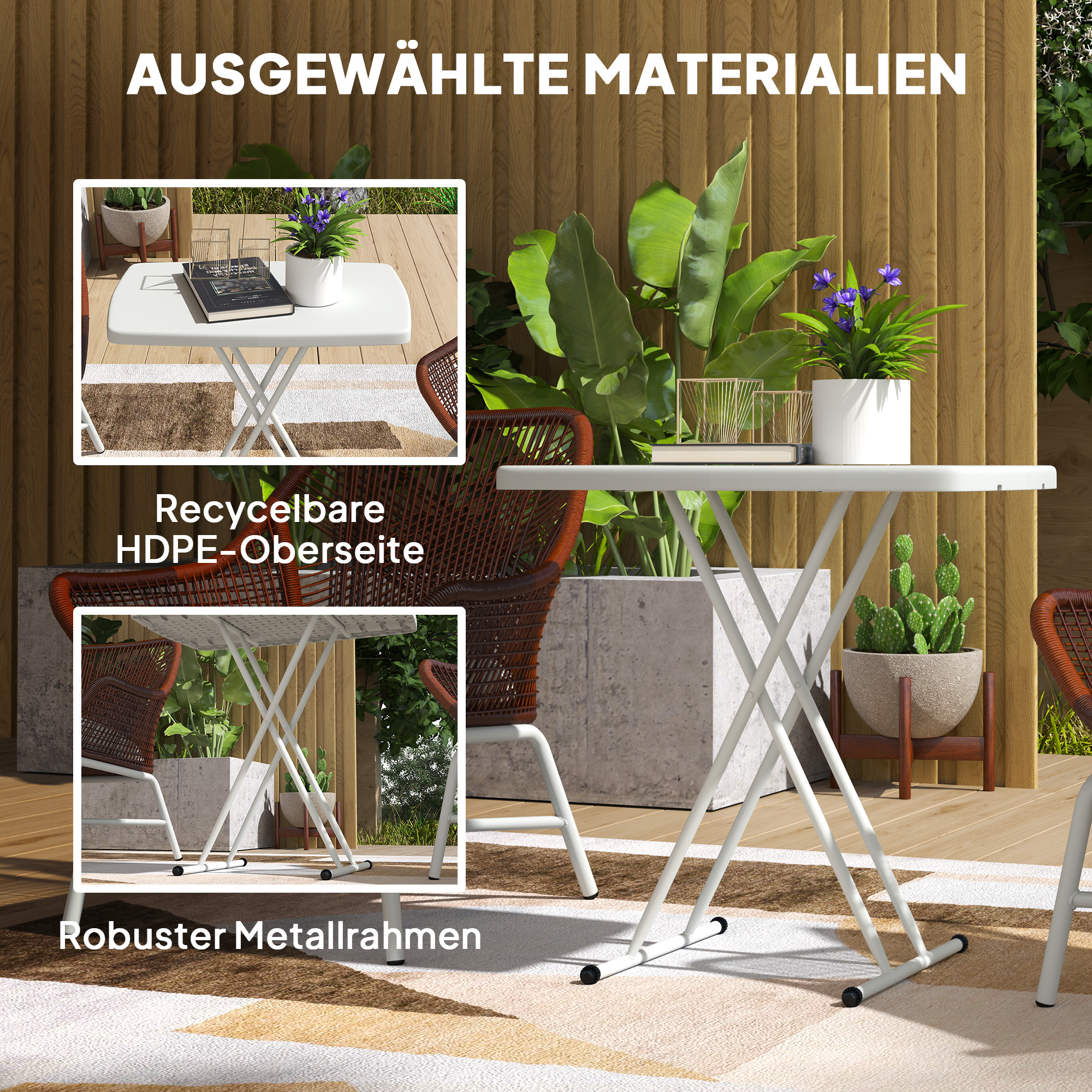 Gartentisch, Tragbarer Tisch für den Außenbereich aus Kunststoff und Metall, Bistrotisch, für Terrasse, Garten, Weiß