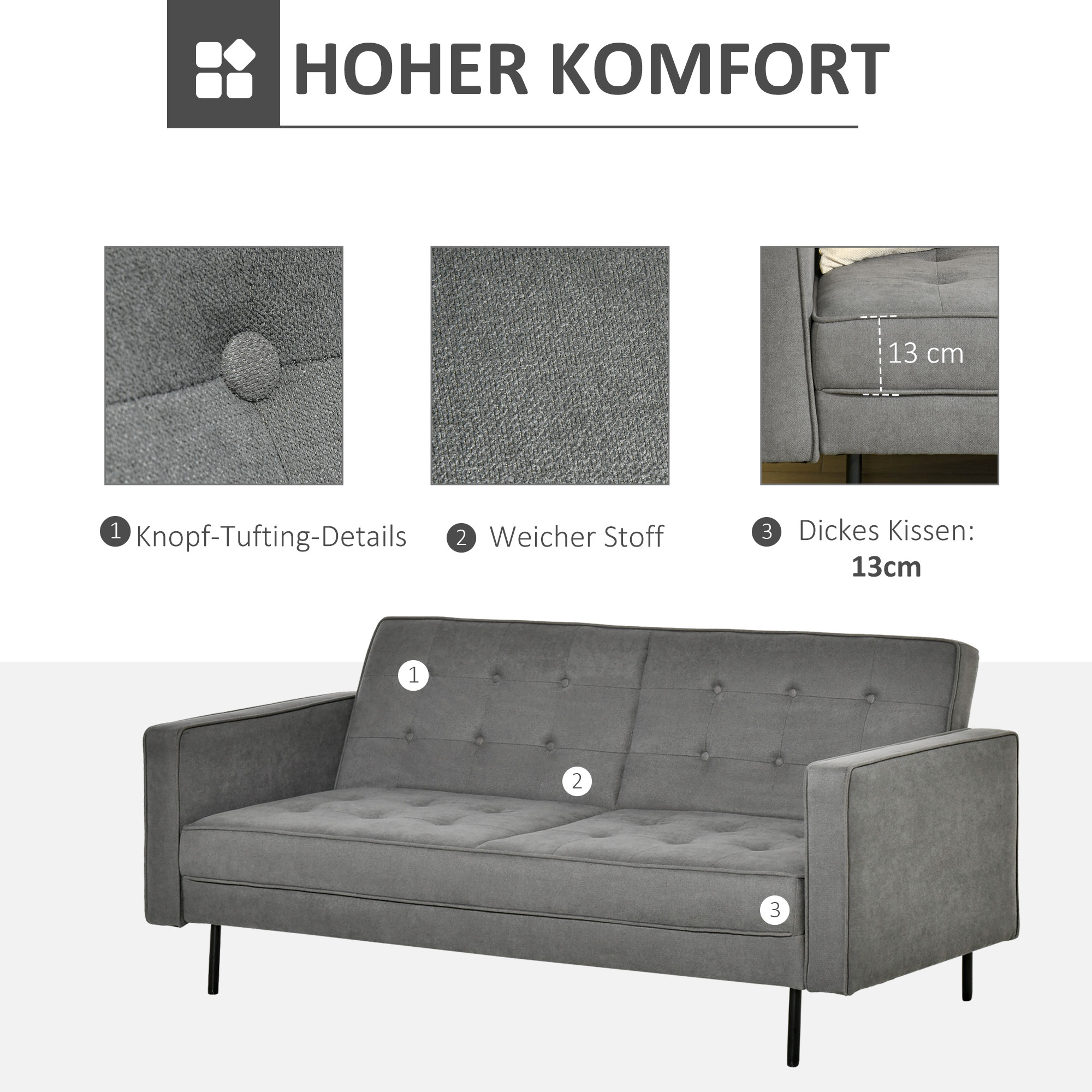 Schlafsofa 3-Sitzer Schlafcouch Stoffsofa Sofa mit Schlaffunktion Bettsofa mit verstellbarem Winkel Vintage Eukalyptusholz Baumwolle Grau