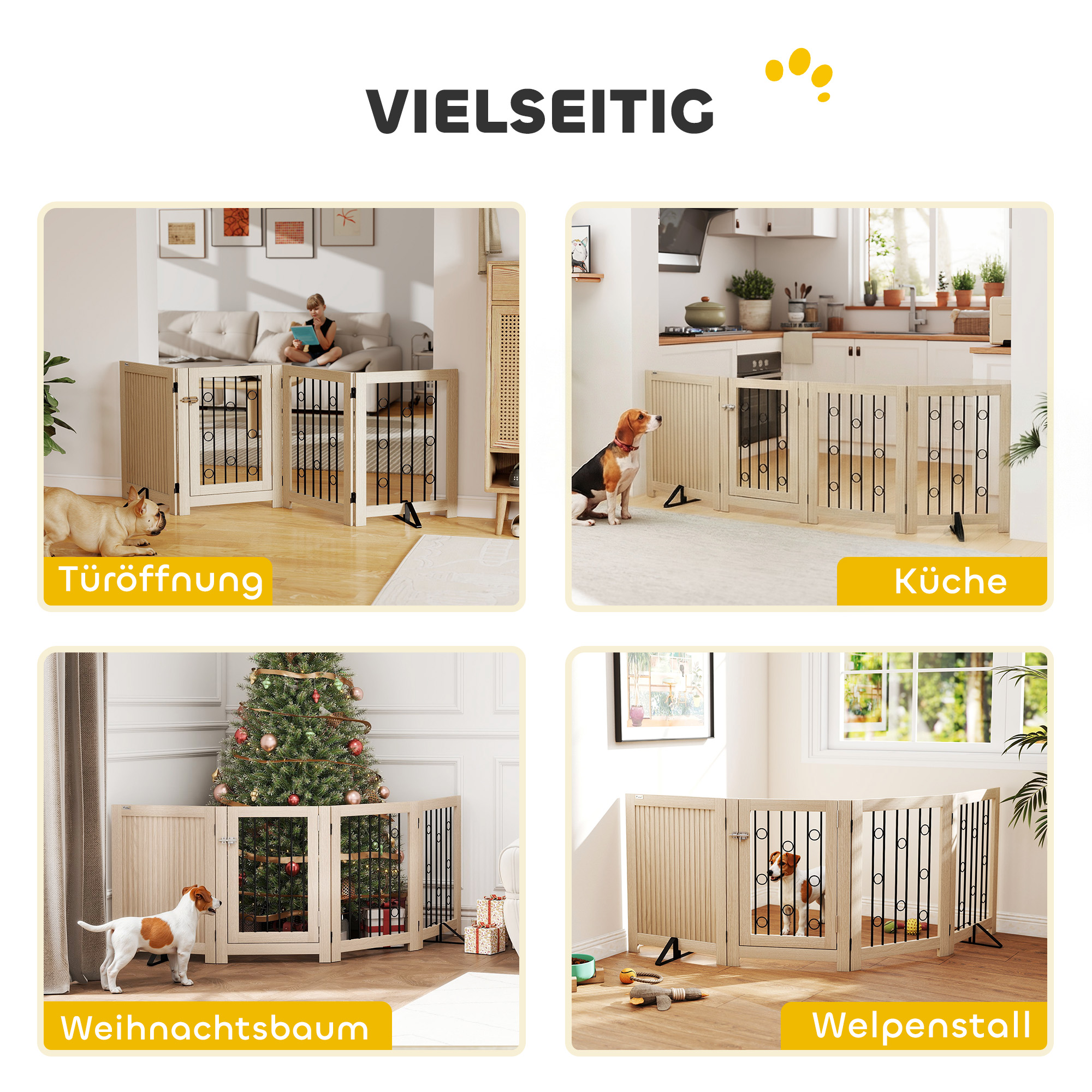 freistehendes Haustiertor, Hundegitter mit Tür, 4 Paneele, für Flur, Treppe, Türrahmen, MDF, Stahl