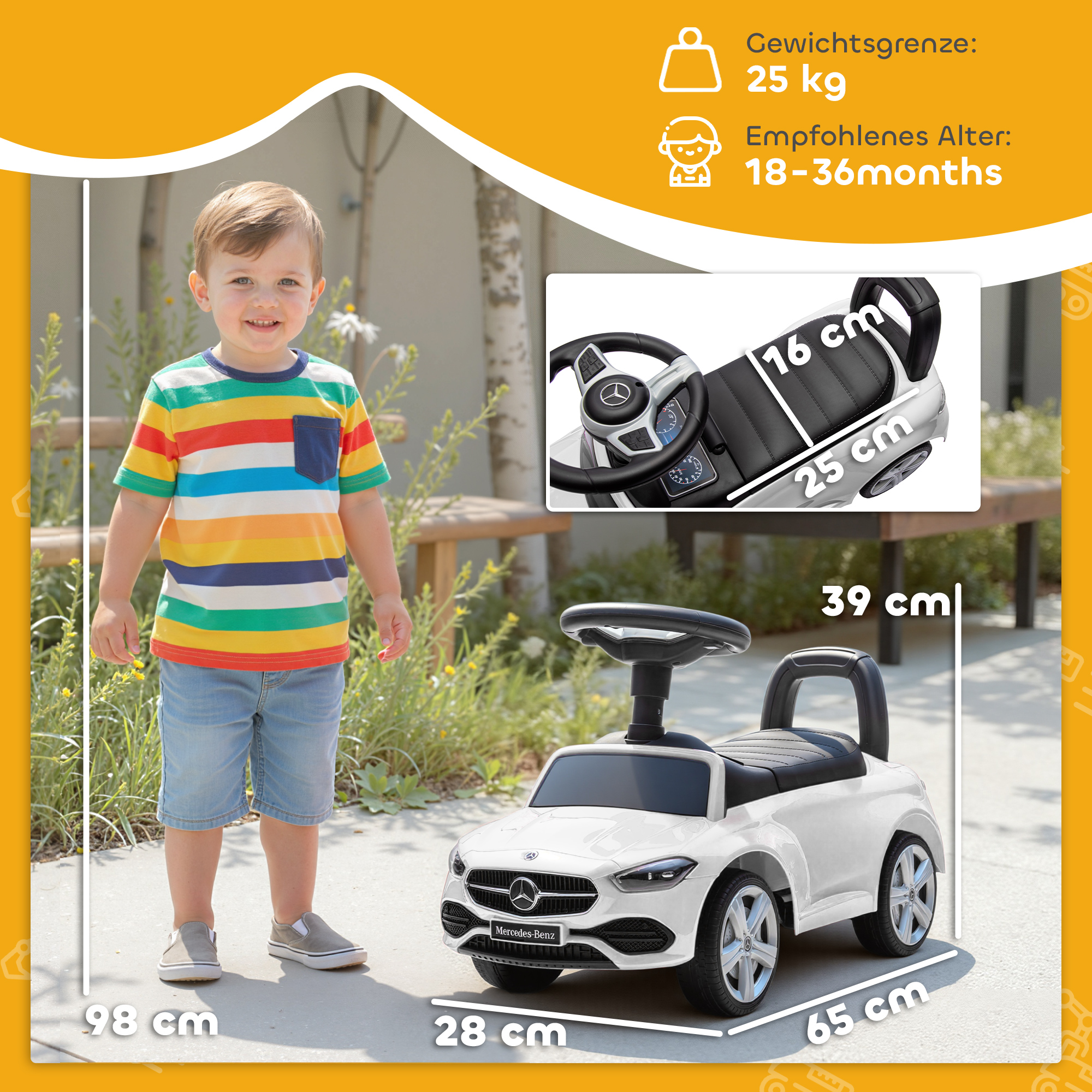 Rutscher Mercedes-Benz C-Class mit Hupe, Motorgeräuschen, Stauraum, für Kinder 18-36 Monate, Weiß