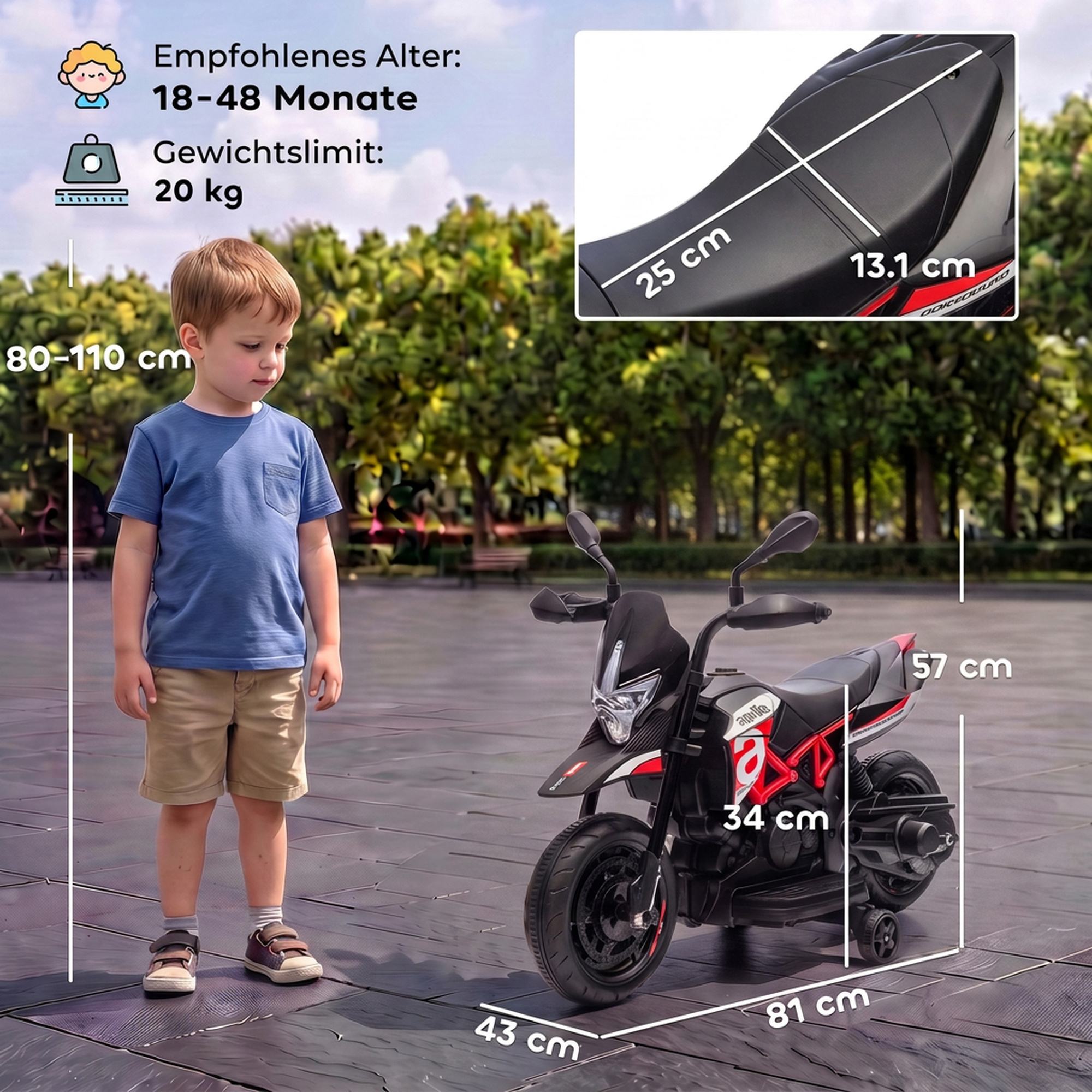 Elektro Motorrad Kinder APRILIA 6 V Elektromotorrad mit Lithium Akku 25W Motor 30° Lenkbegrenzung abnehmbar Stützrädern