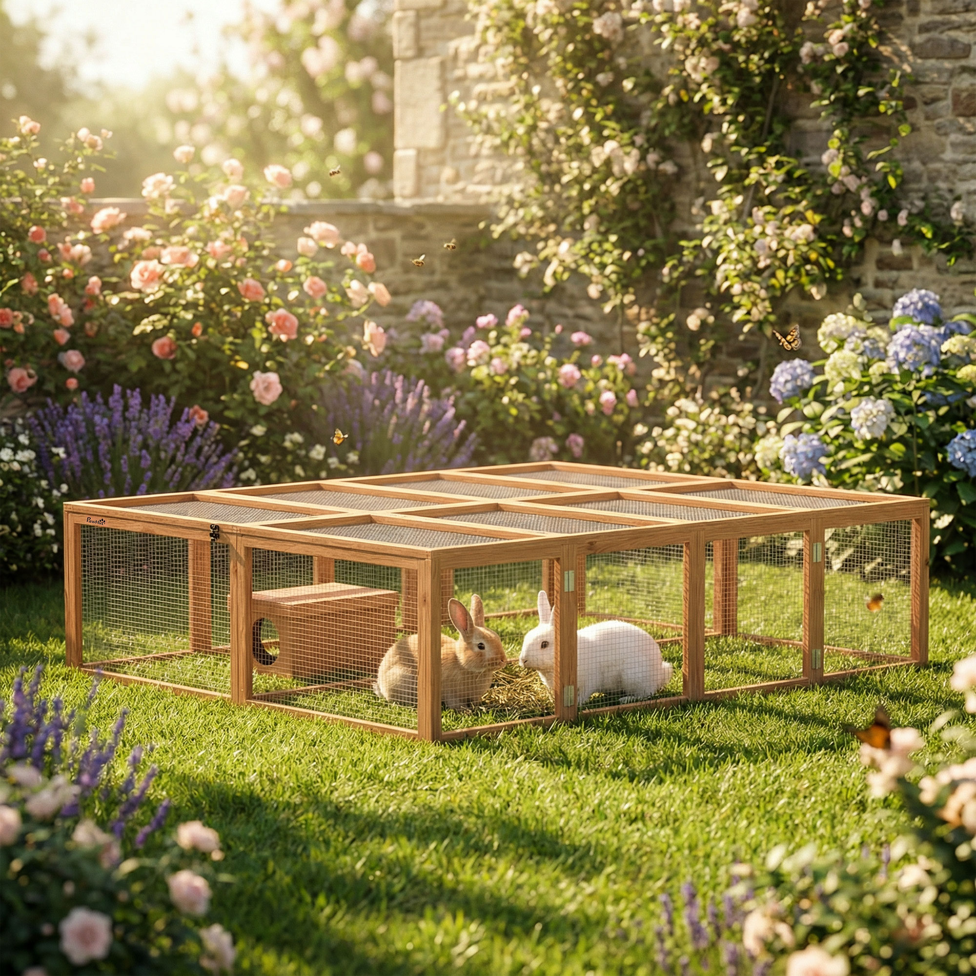 Freilaufgehege Kaninchenstall aus Holz mit 2 Türen Unterschlupfhaus für 2-4 Zwergkaninchen 180,4 x 150 x 48 cm Orange