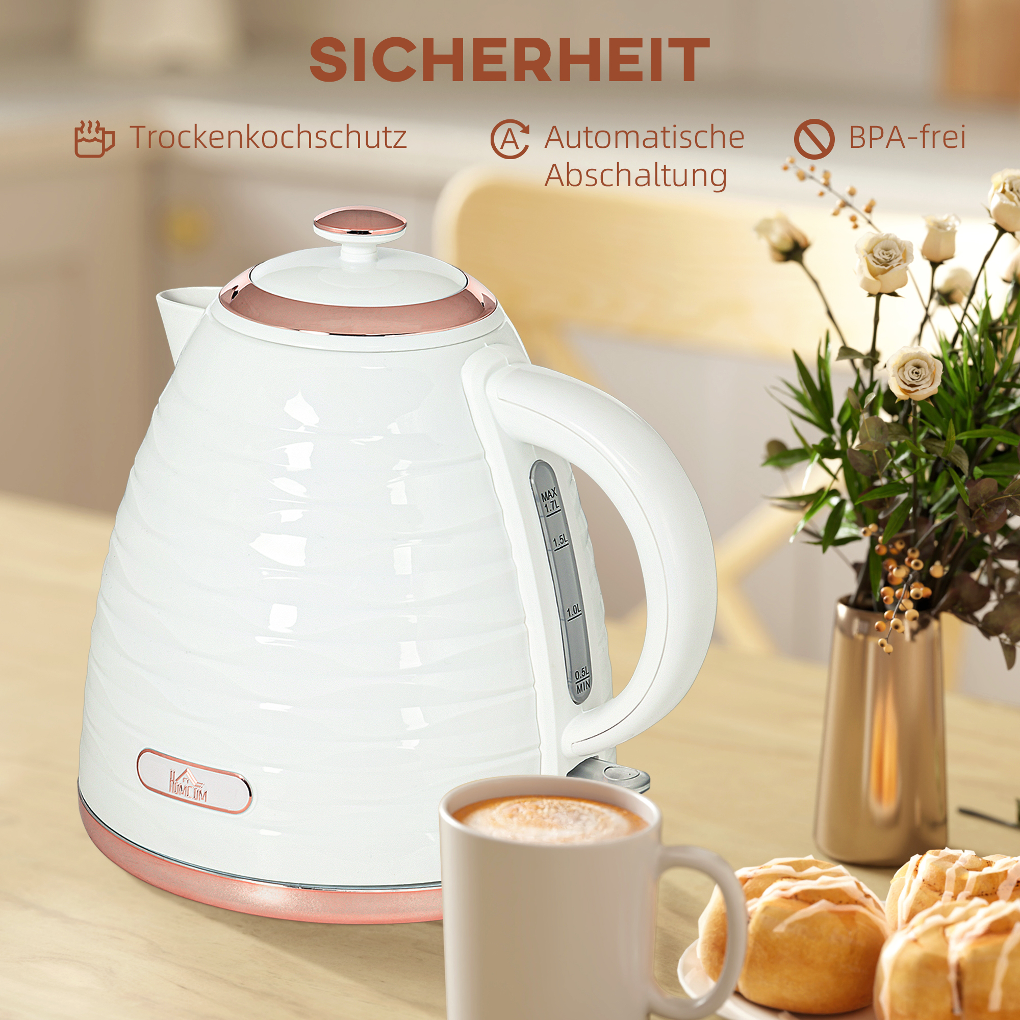 Wasserkocher, 1,7L, 2,2kW, Schnellkochfunktion mit Abnehmbarem Waschbarem Anti-Kalk-Filter