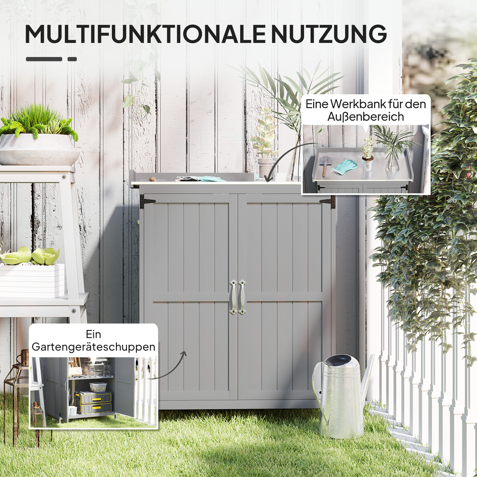 Gartenschrank, Werkzeugschrank für den Außenbereich, mit Arbeitsfläche, Holz und Edelstahl, Doppeltüren, Grau