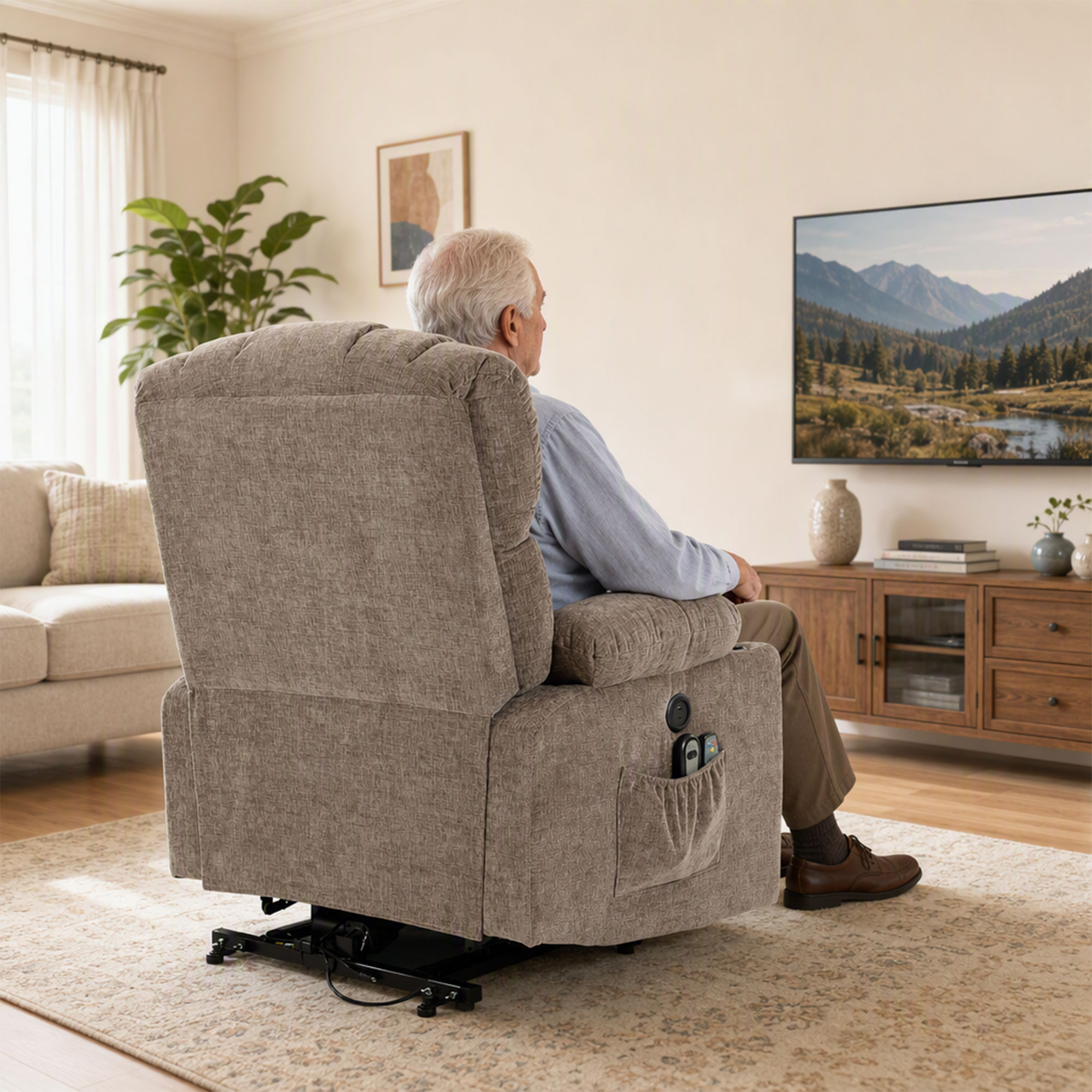 Fernsehsessel mit Aufstehhilfe, Elektrischer Relaxsessel mit Massage & Wärme, Liegefunktion, USB-Anschlüssen, Braun