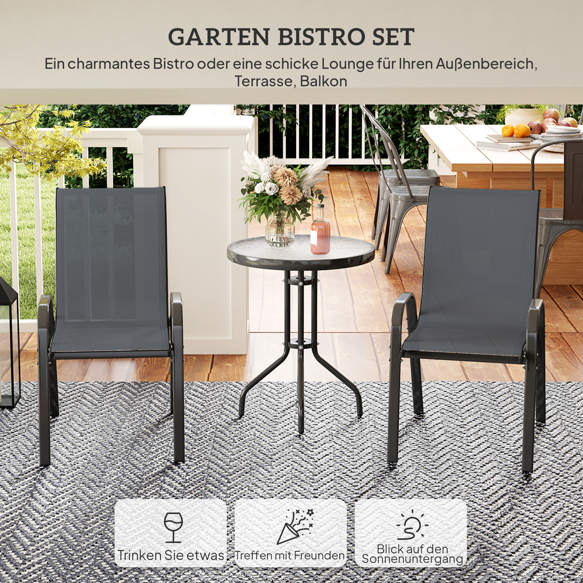 Bistro-Set 3-teilig Wetterfest Gartenmöbel Set mit Glastisch Stapelbare Gartenstühlen Dunkelgrau