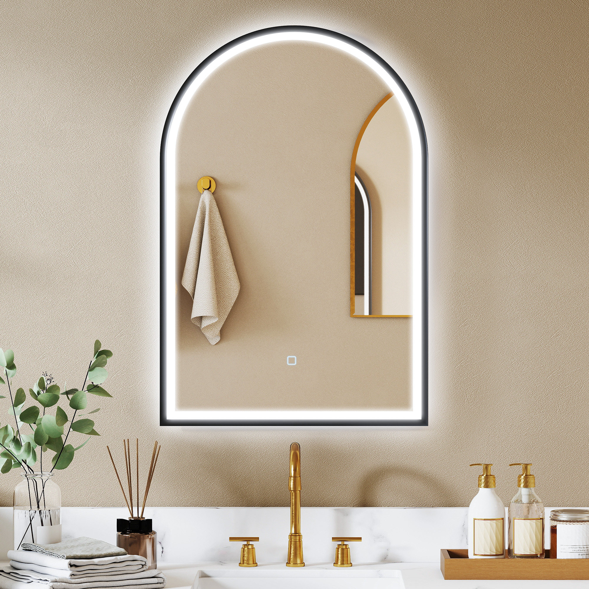 LED Badezimmerspiegel 60 x 90 cm mit Beleuchtung, Front- & Rückbeleuchtung, Memory-Funktion, Touch-Schalter, Schwarz