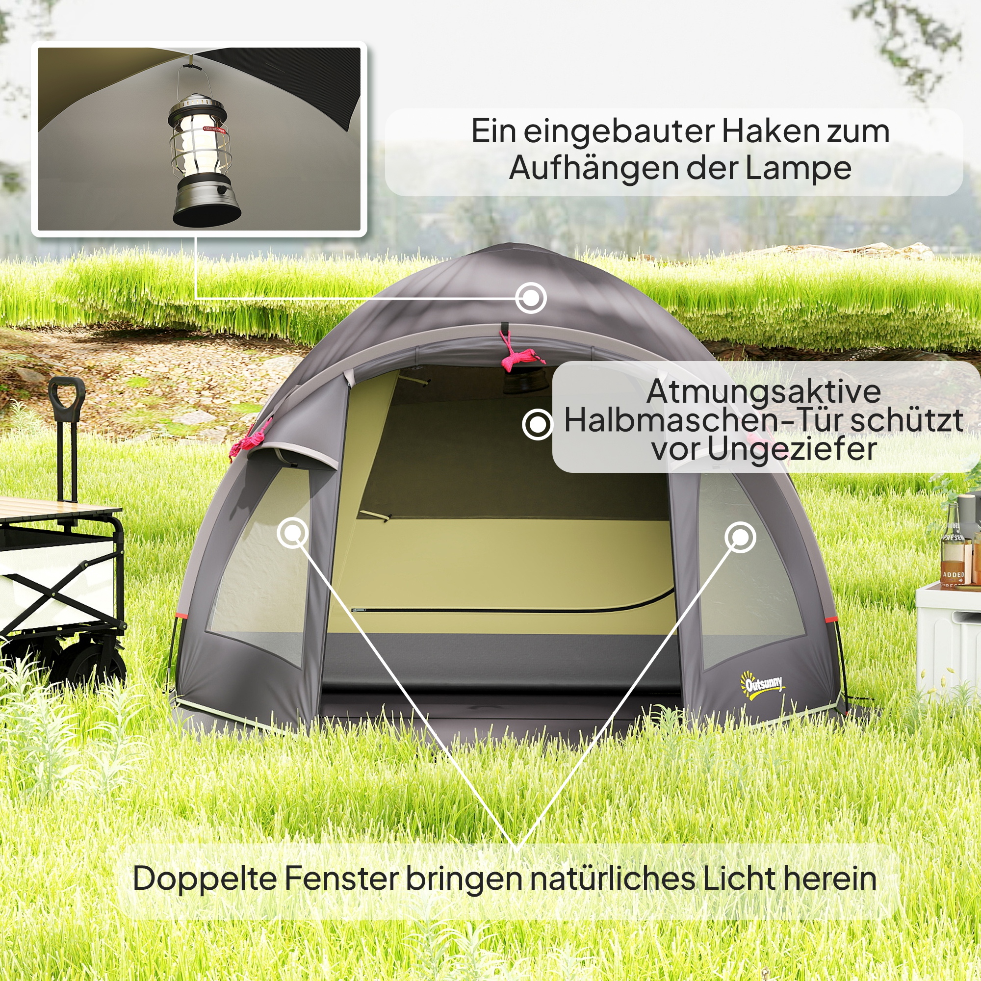 Campingzelt für 2 Personen leicht, stabil UV 50+ Tunnelzelt mit Vordach Seitentür&Fenster Schwarz