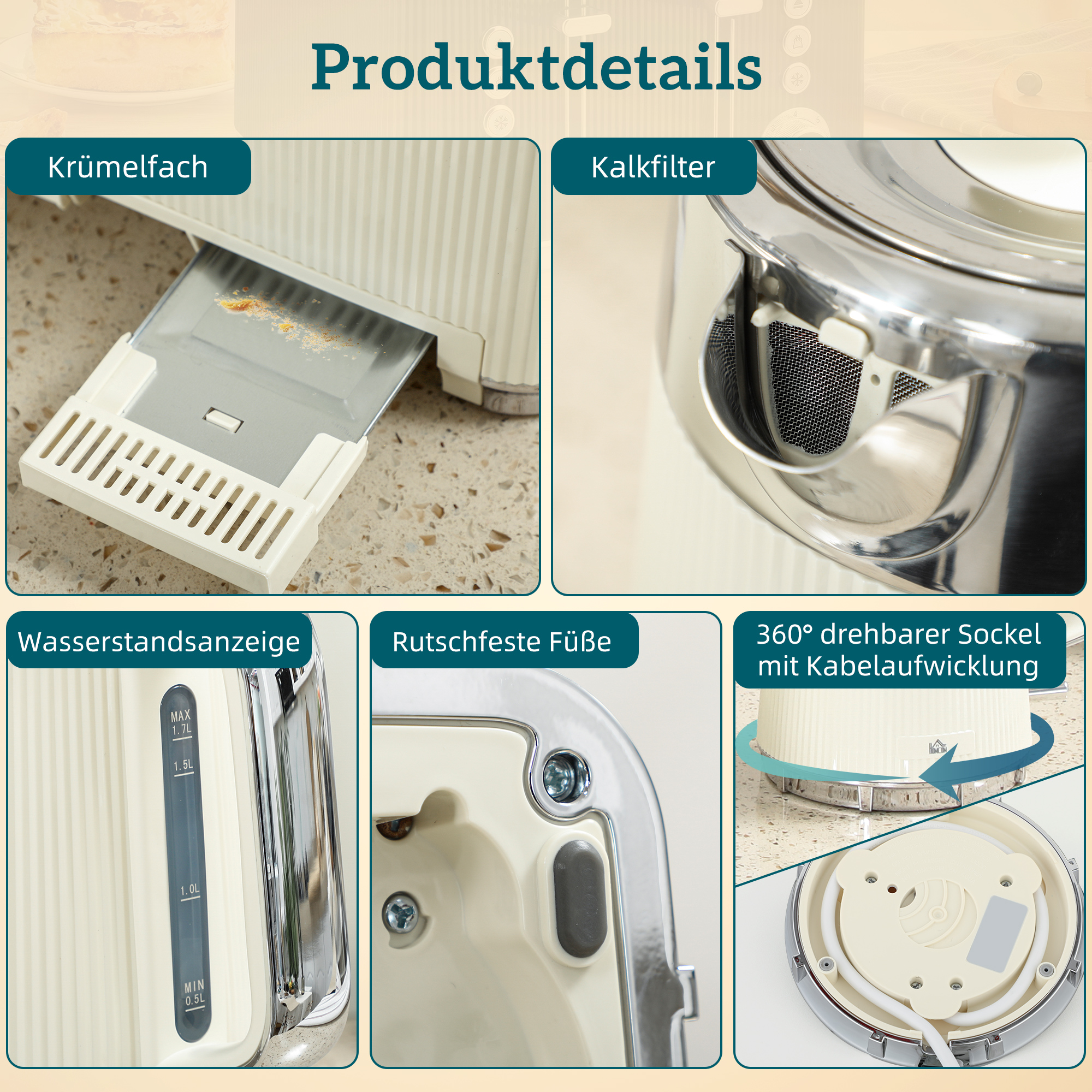 2200W, 1,7L Wasserkocher mit Schnellkochfunktion, Kalkfilter und 4-Scheiben-Toaster mit 7 Bräunungsstufen, Cremeweiß
