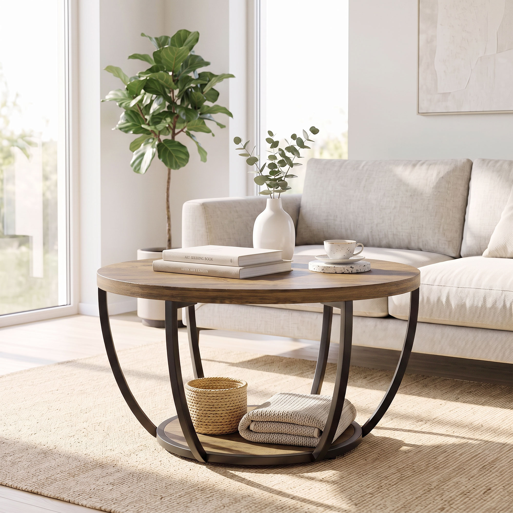 Couchtisch mit 2 Ebenen, Wohnzimmertisch 80 x 80 x 43,8 cm, Braun/Schwarz