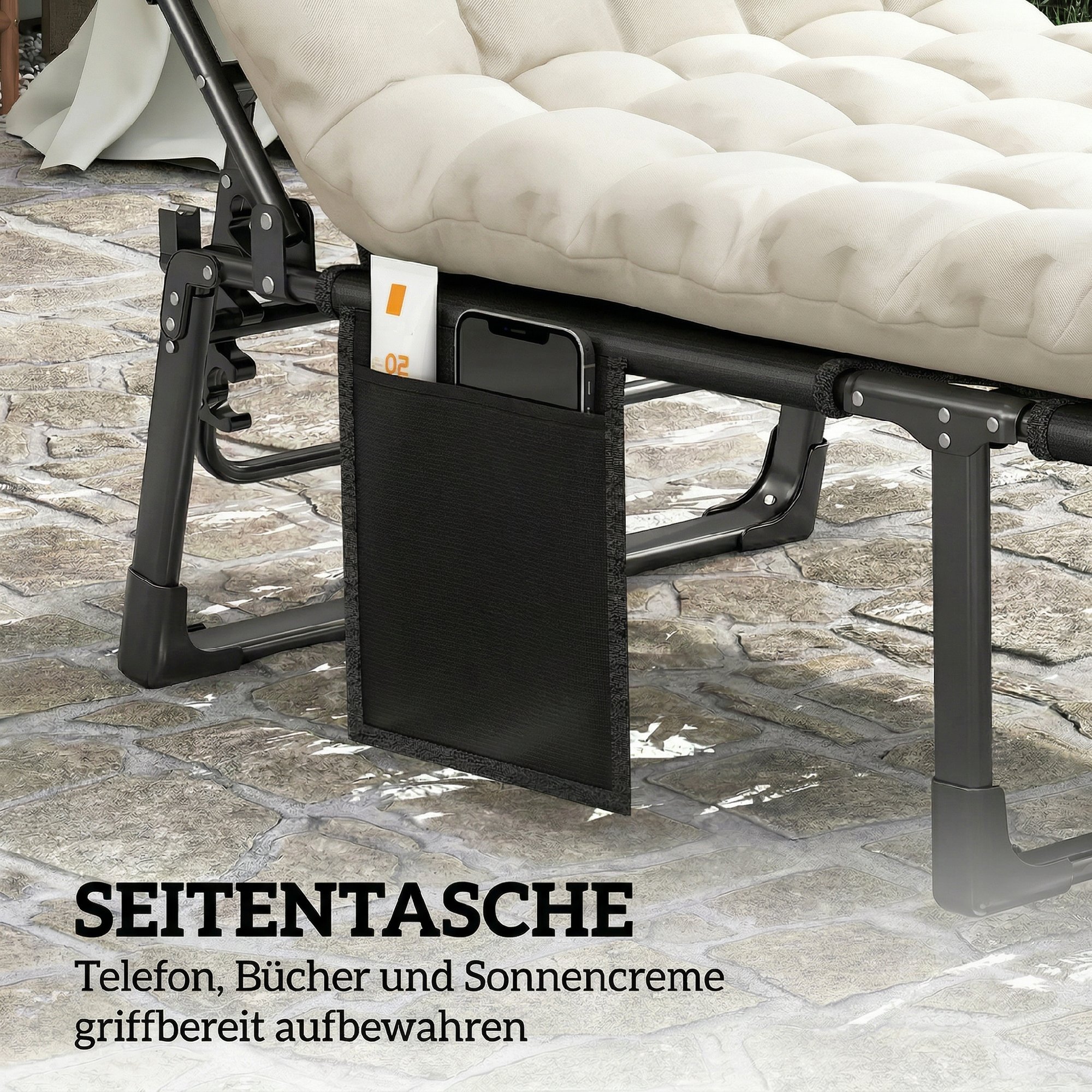 Sonnenliege Klappbar Breite Gartenliege mit 5-fach Verstellbar Rückenlehne gepolsterter Matratze Kopfstütze Seitentasche