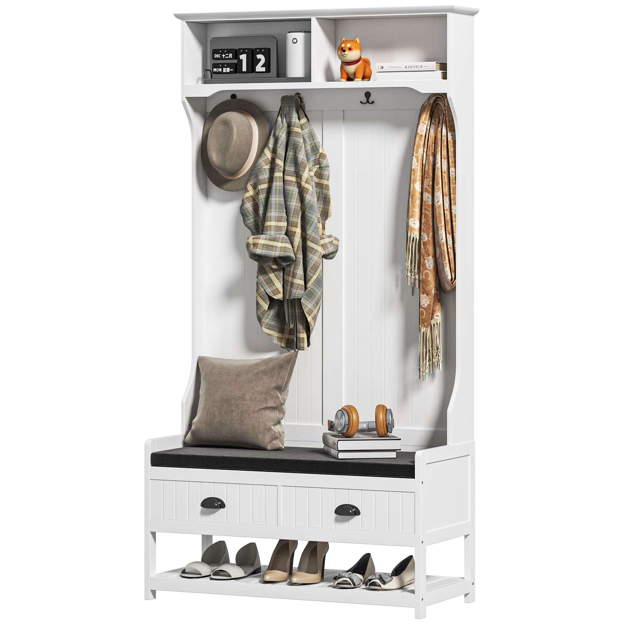 Garderobenständer mit Haken, Garderobe mit Schuhbank, für Eingangsbereich, Flur, Metall, MDF, Weiß+Grau Garderobenständer mit Haken, Garderobe mit Schuhbank, für Eingangsbereich, Flur, Metall, MDF, Weiß+Grau