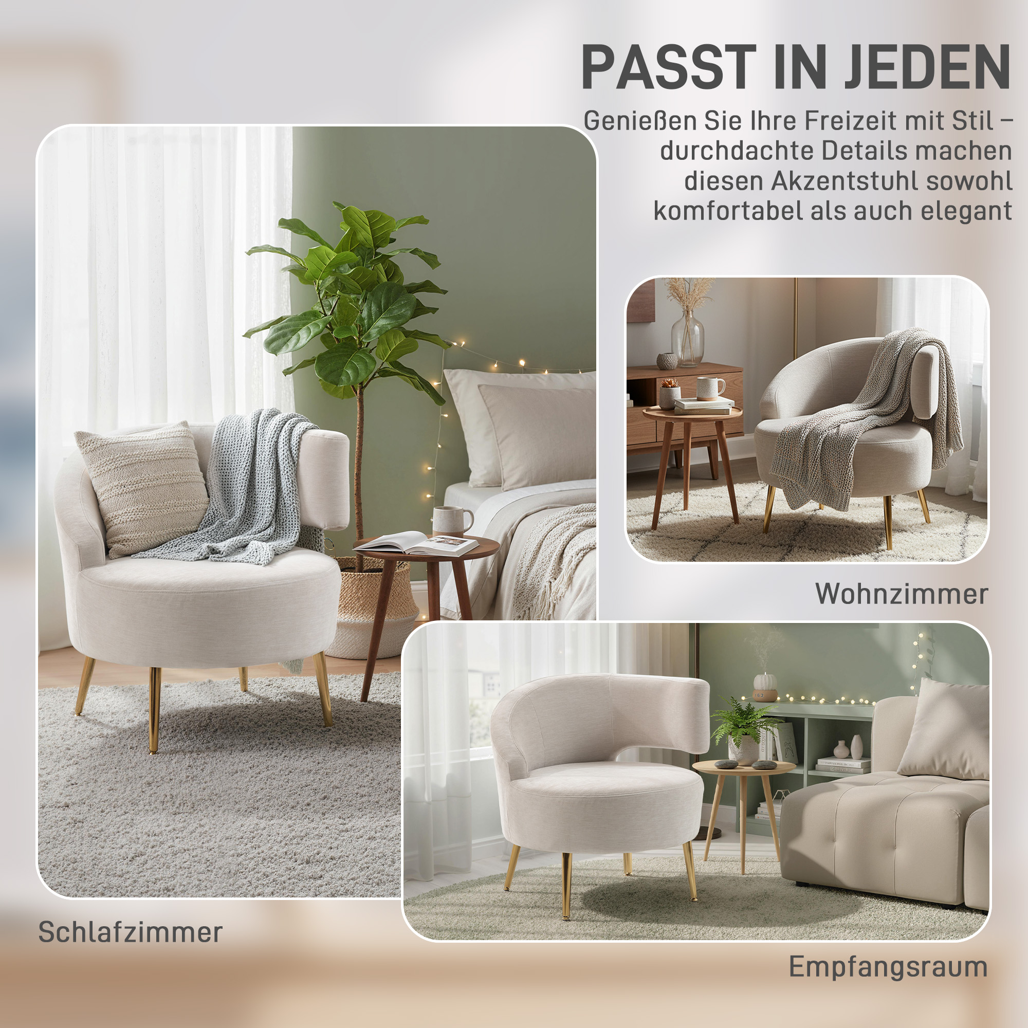 Loungesessel Sessel mit Chenille-Optik, Schrägere Rückenlehne, Goldenen Stahlbeinen für Wohnzimmer, Cremeweiß
