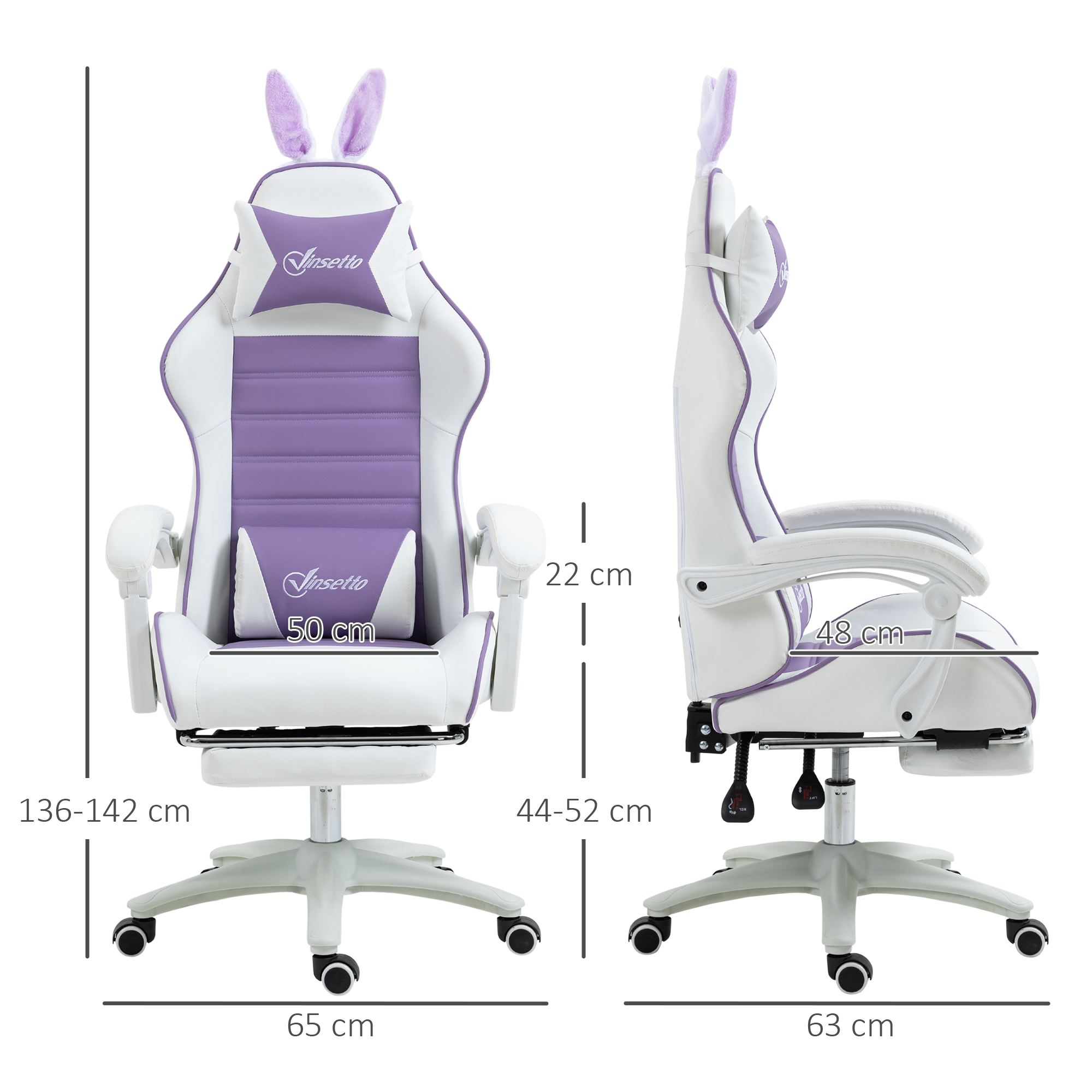 Gaming Stuhl Ergonomischer Gamer Stuhl mit Lendenwirbelstütze, Fußstütze Hasenohren Kopfkissen Violett