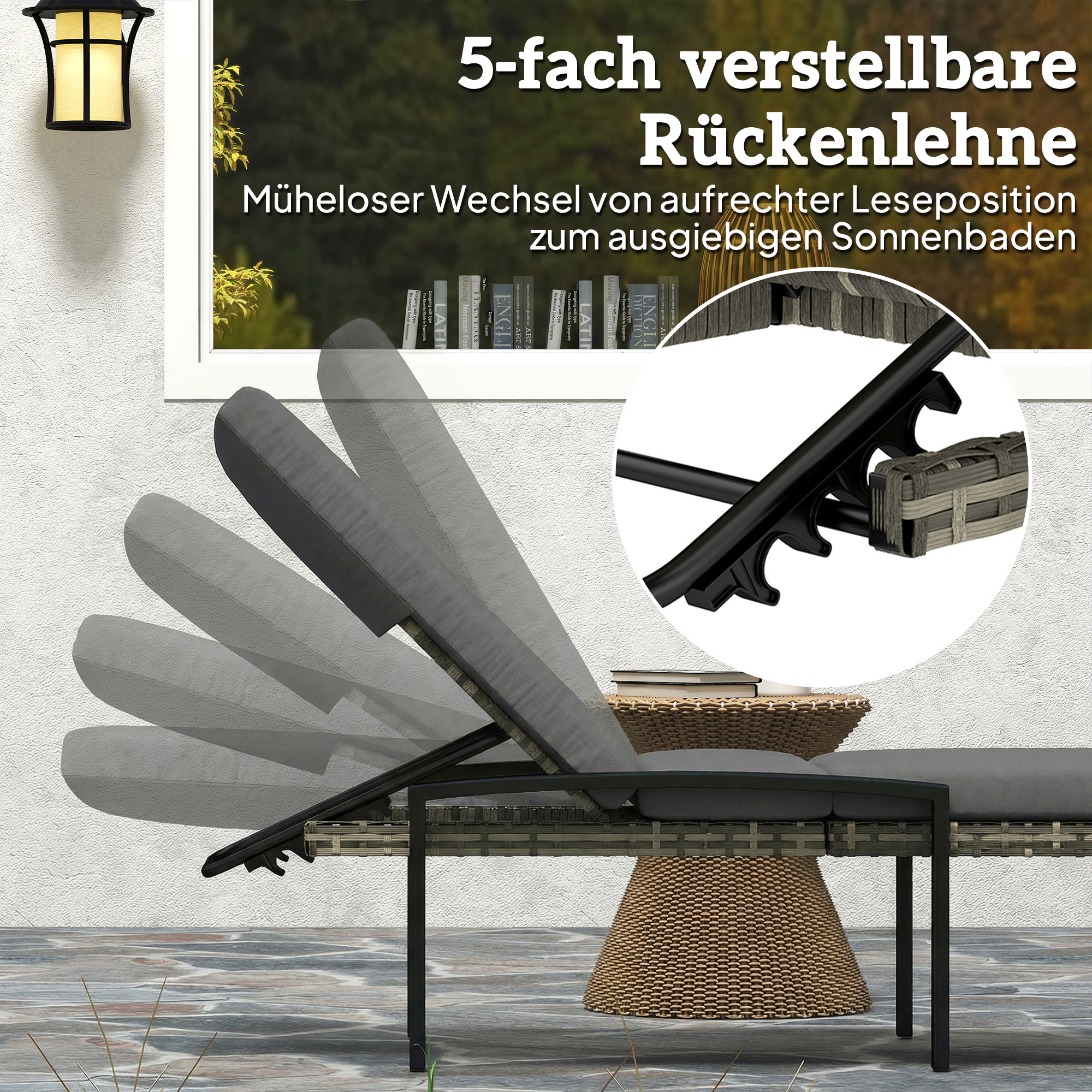 2er Set Sonnenliege Polyrattan Gartenliege mit 5-Fach verstellbar Rückenlehne Auflage bis 120kg Hellgrau