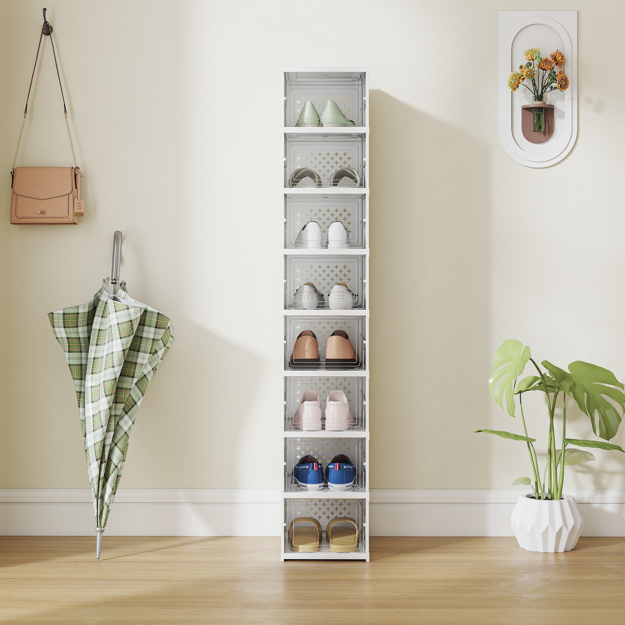 8-stufiges Schuhregal, Schuhschrank, faltbar, belüftete Rückseite, Kunststoff, Weiß