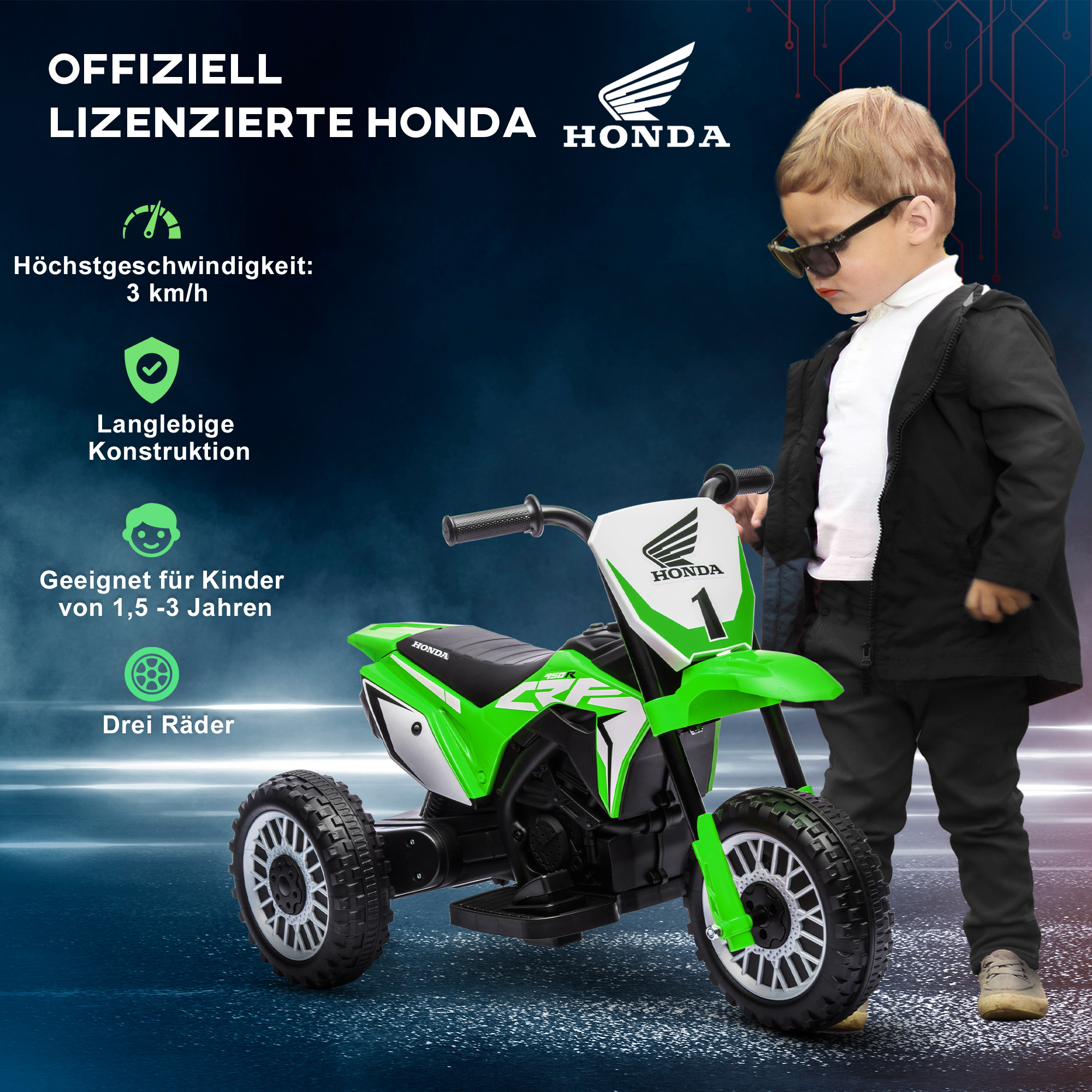 Elektro Kindermotorrad Honda, 3 km/h, Soundeffekte, für 18-36 Monate, Grün