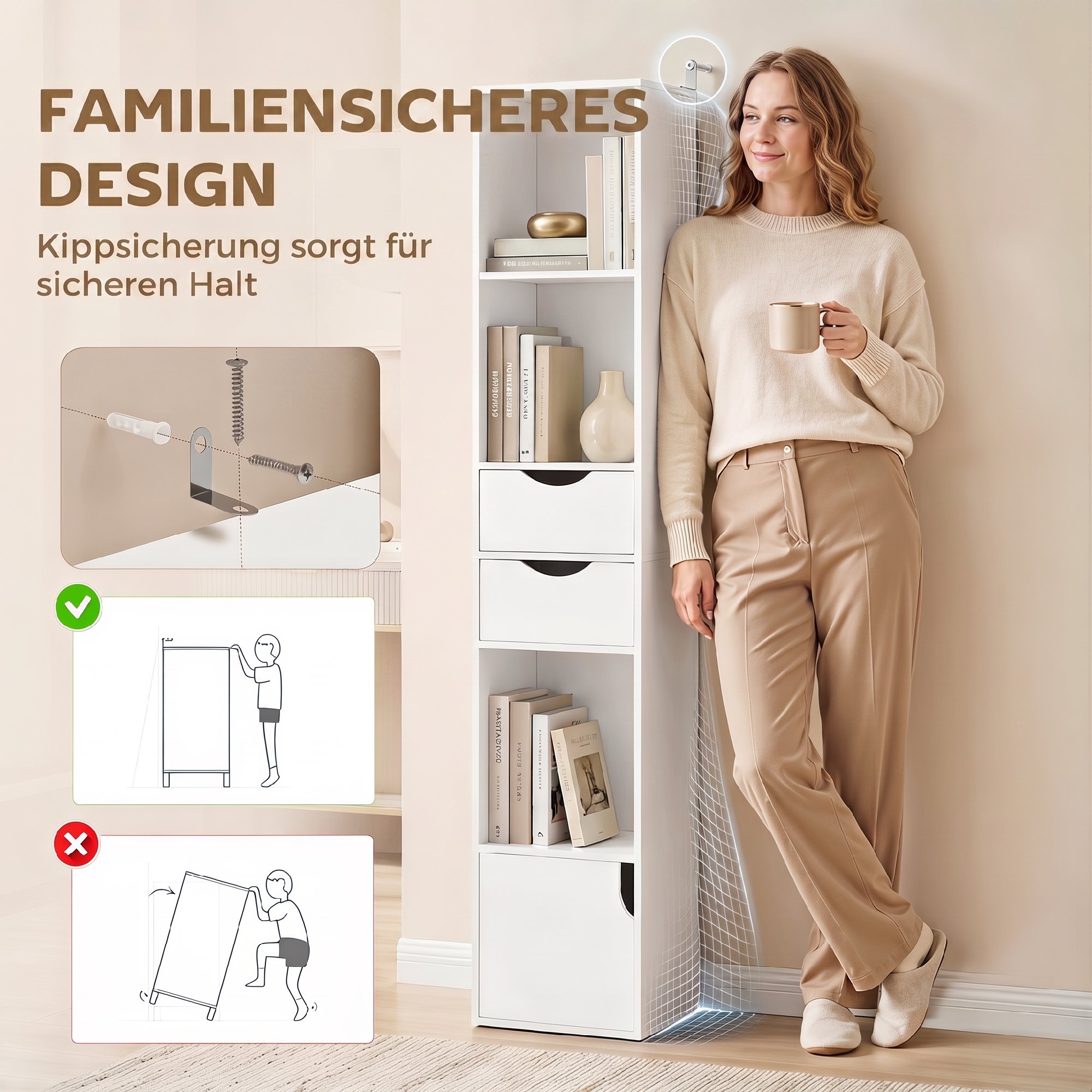 Bücherregal mit 2 Schubladen, Schmaler Bücherschrank mit 3 offenen Regalebenen, für Büro, Schlafzimmer 30x24x158cm Weiß
