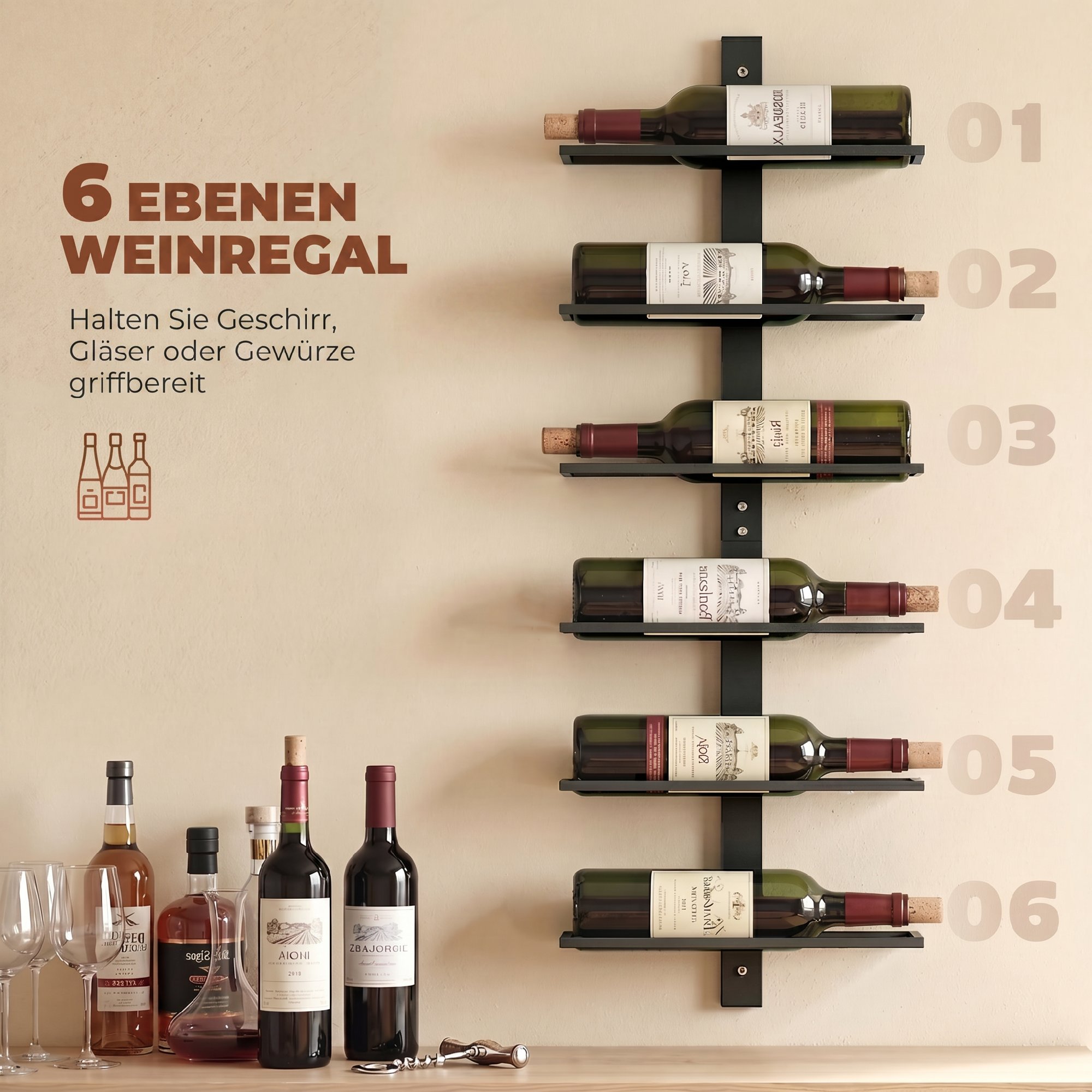 Weinregal, Wandregal für 6 Flaschen Wein, 6 Ebenen, Stahlrohr, für Küche, Wohnzimmer, Hausbar, Schwarz